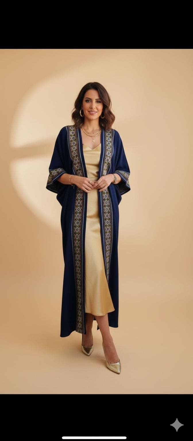 Hand-Embroidered Navy Blue Kaftan Abaya – Boho Chic Oversized Kimono