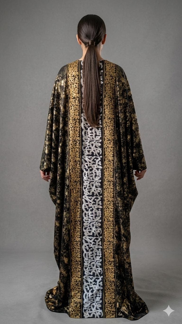 Black Satin Gold Calligraphy Kimono Abaya | Metallic Tie-Dye Kaftan Robe.