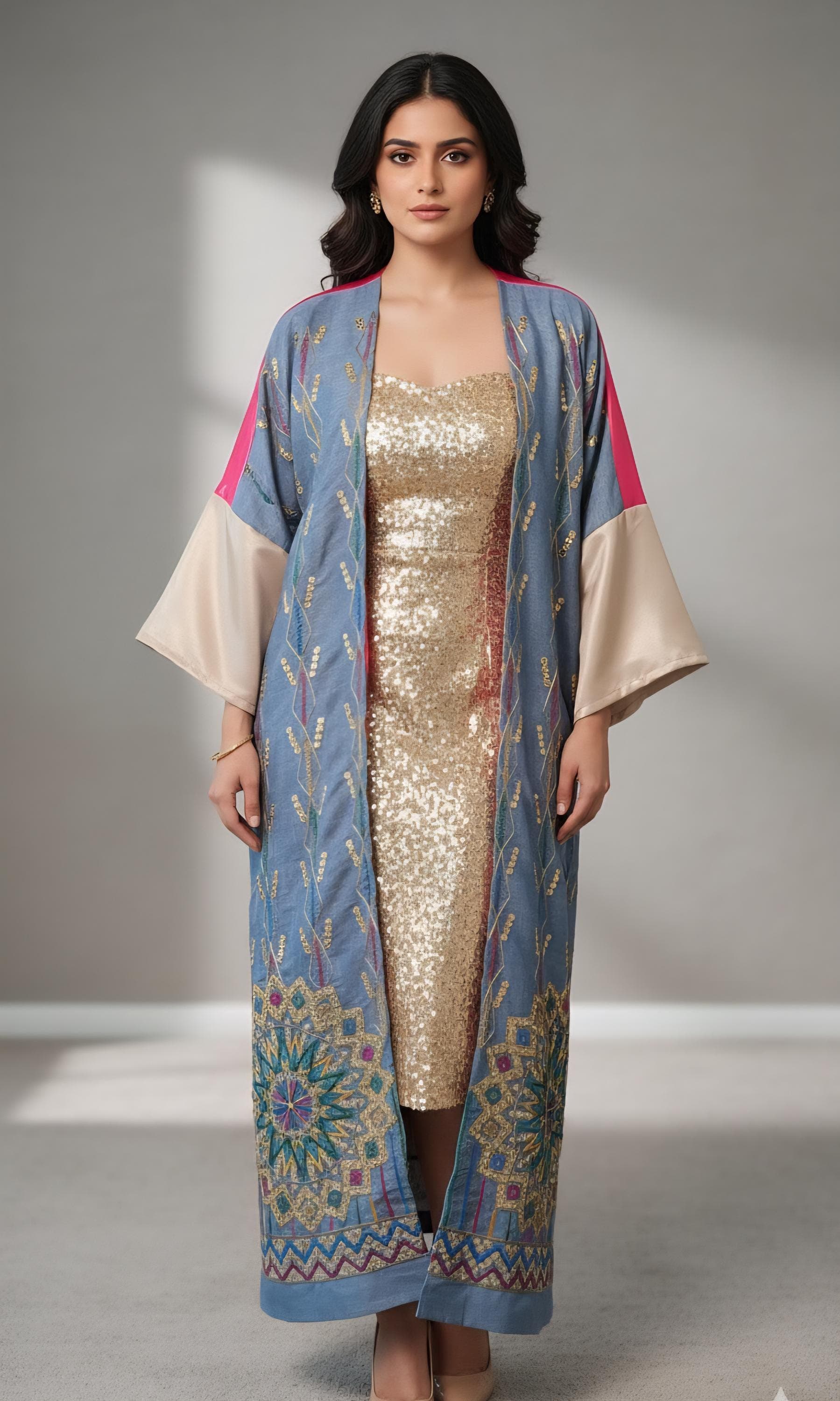 Denim & Fuchsia Abaya Kimono with Embroidered, robe, kimono