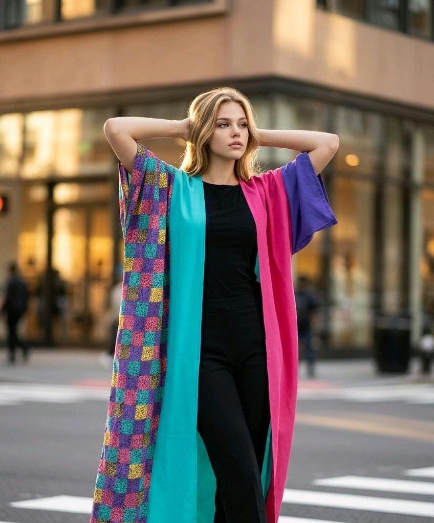 Colorful Kimono  long cardigan, Patchwork Robe | Modest Boho Duster | Multicolor Statement Abaya | Handmade Festival Kimono Cardigan
