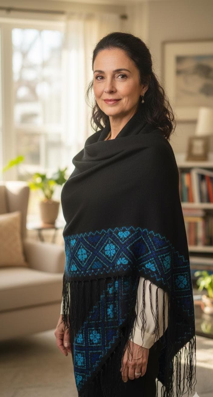 Hand-Stitched Palestinian Cross-Stitch Shawl: blue Tatreez Embroidery