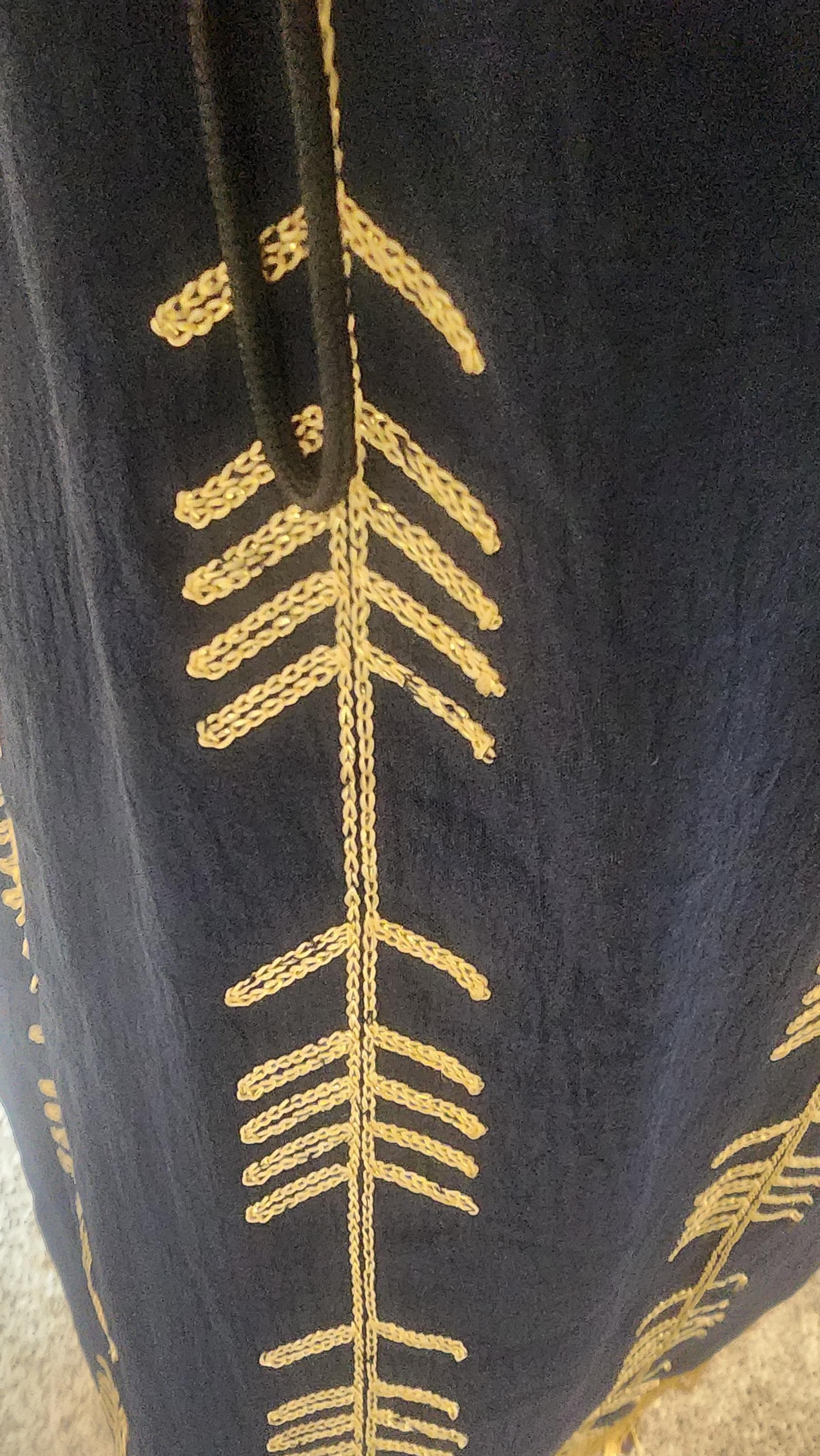 Embroidered Kaftan Dress – Navy Blue Cold-Shoulder Maxi with Gold Fringe - image 4
