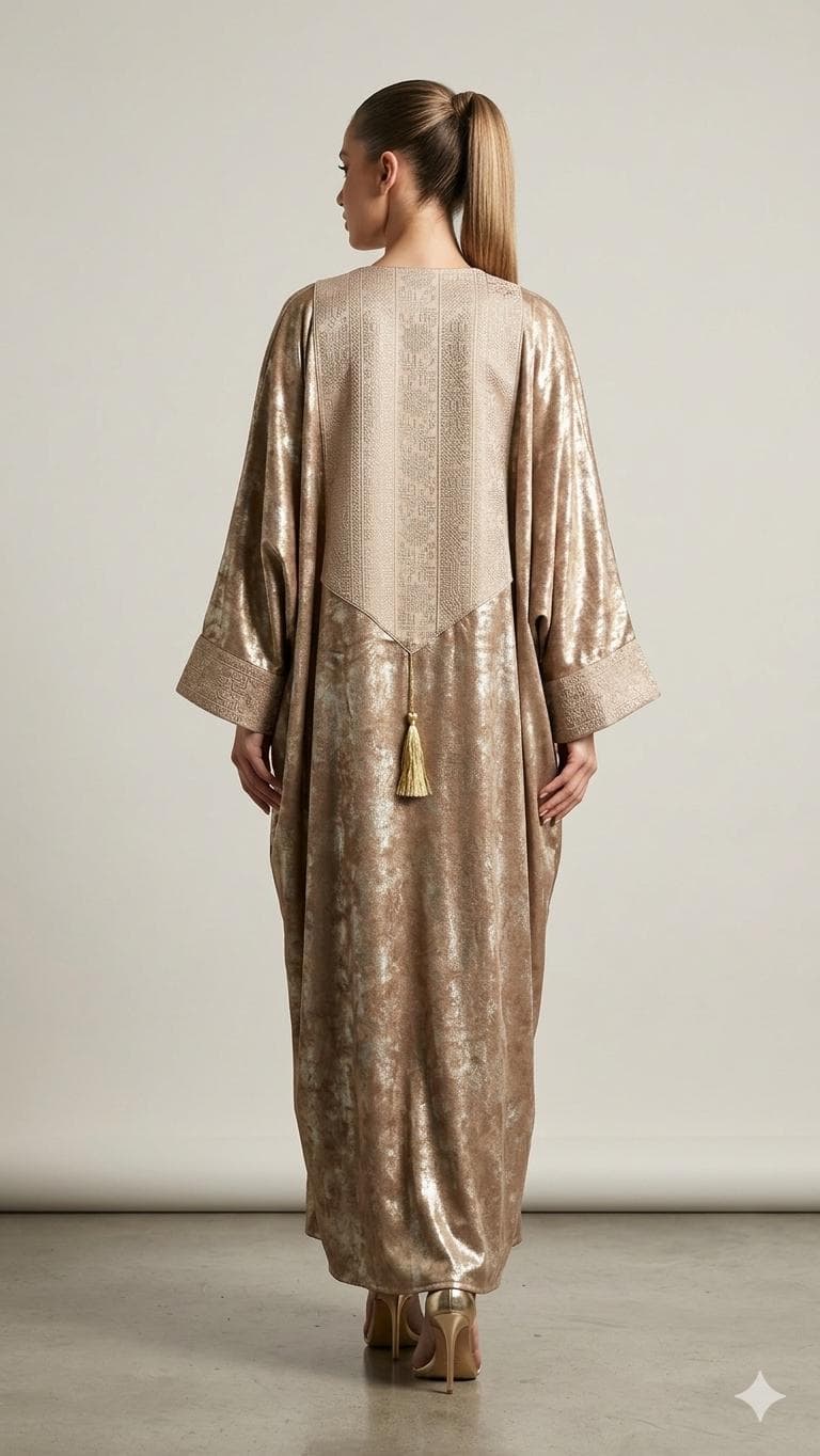 Champagne Gold Metallic Abaya – Embroidered Kimono Kaftan Duster with Tassel Detail