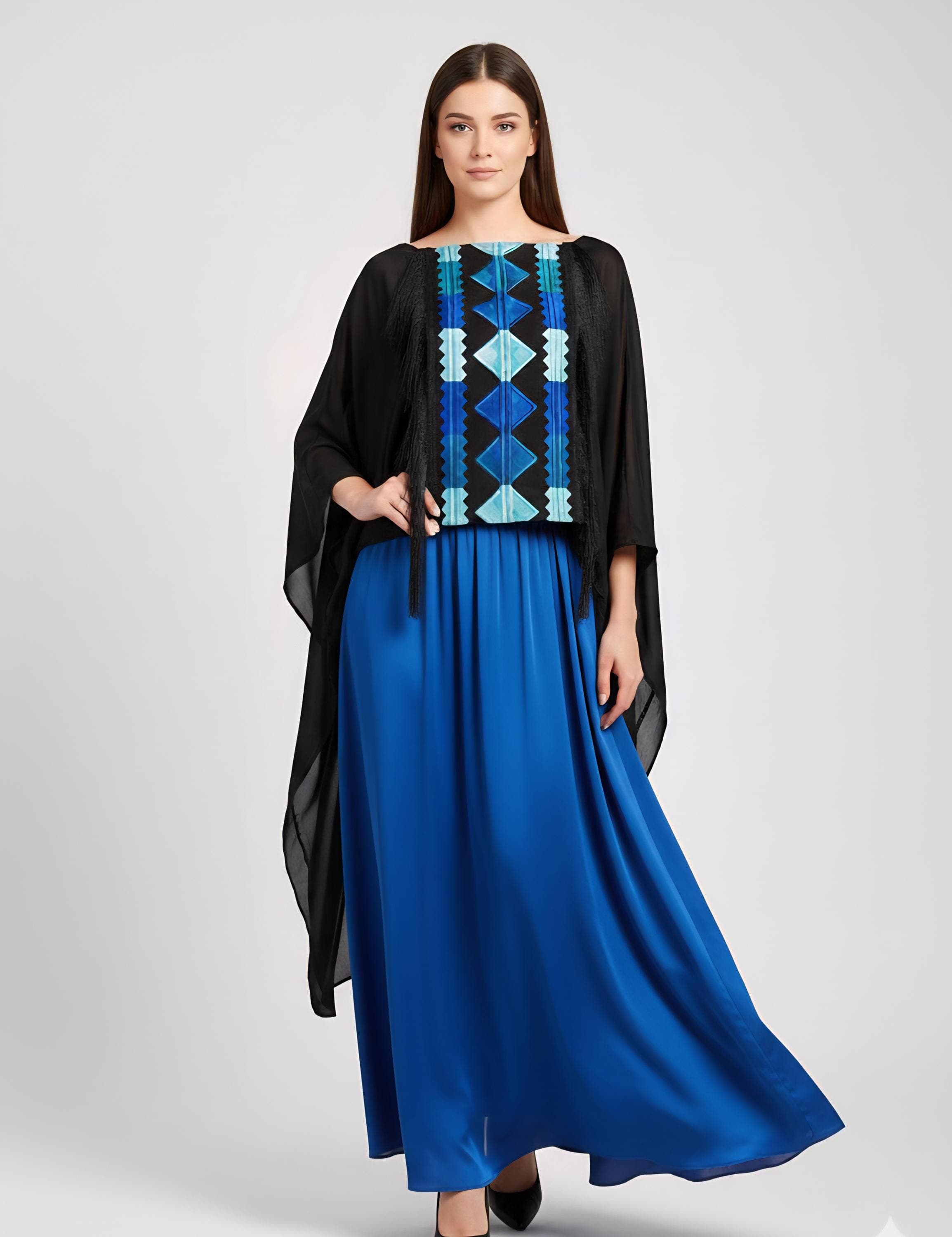 Modern black satin Top with machine-Embroidered Tatreez Panel | Darzzeh Exclusive - image 3