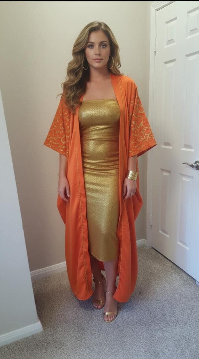 Satin Orange Abaya robe , Middle Eastern Ethnic Wear with embroidery Arabic calligraphy