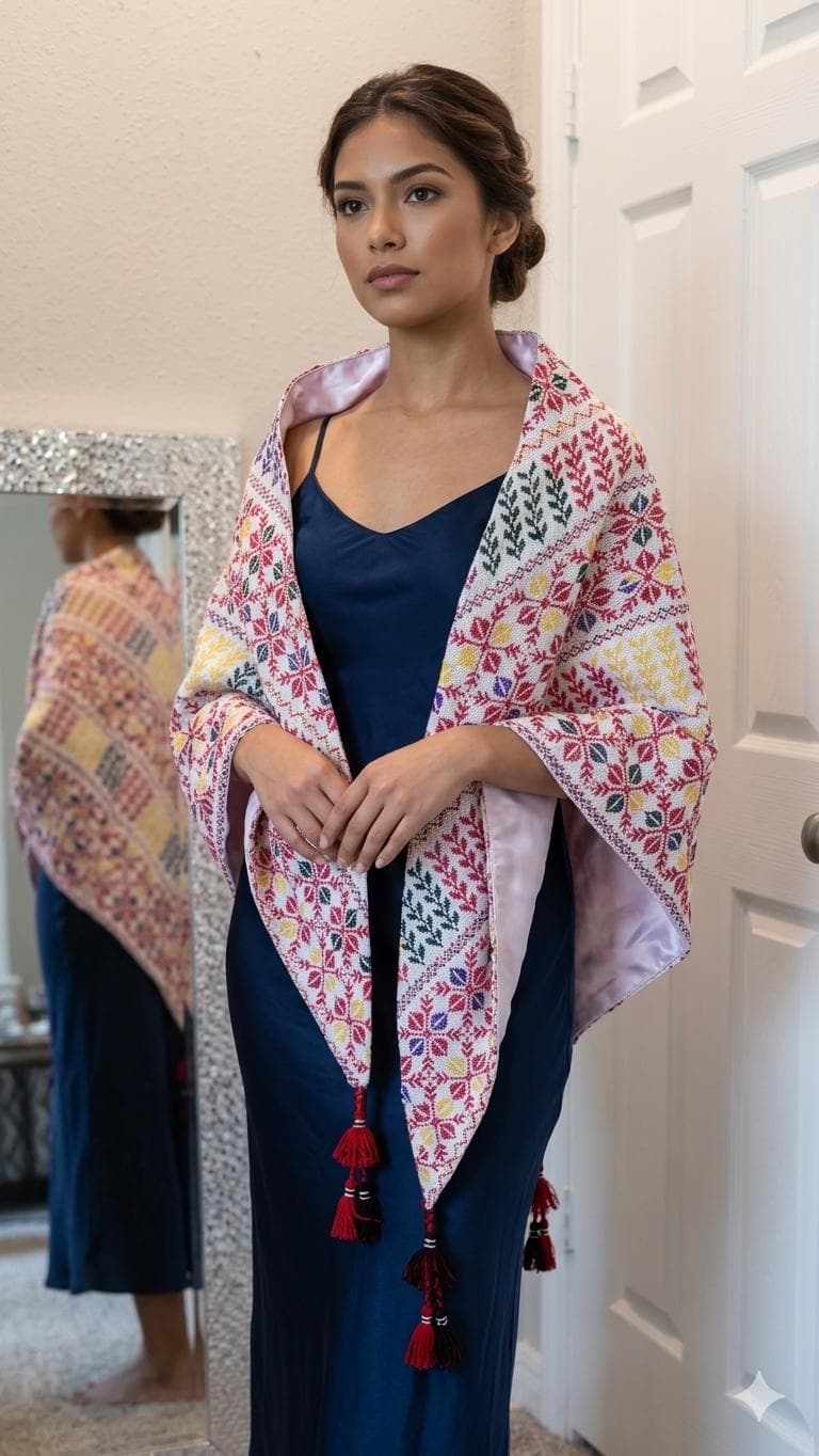 Palestinian Embroidered Shawl: etamine Handmade Tatreez Scarf with handmade tassels