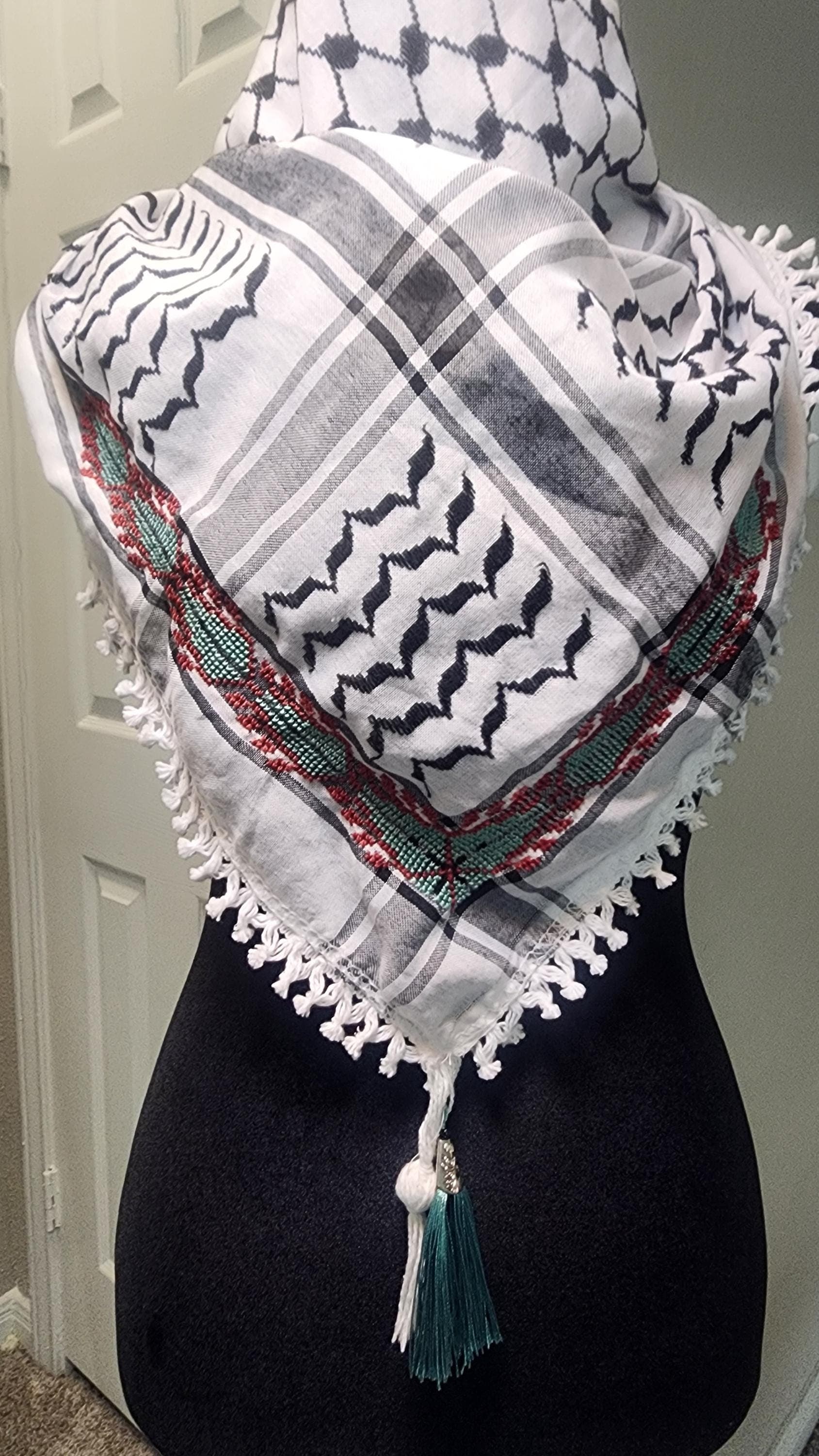 Unisex   Palestinian Keffiyeh: Embroidered Half Scarf ,  sabaleh tatreez pattern teal tatreez