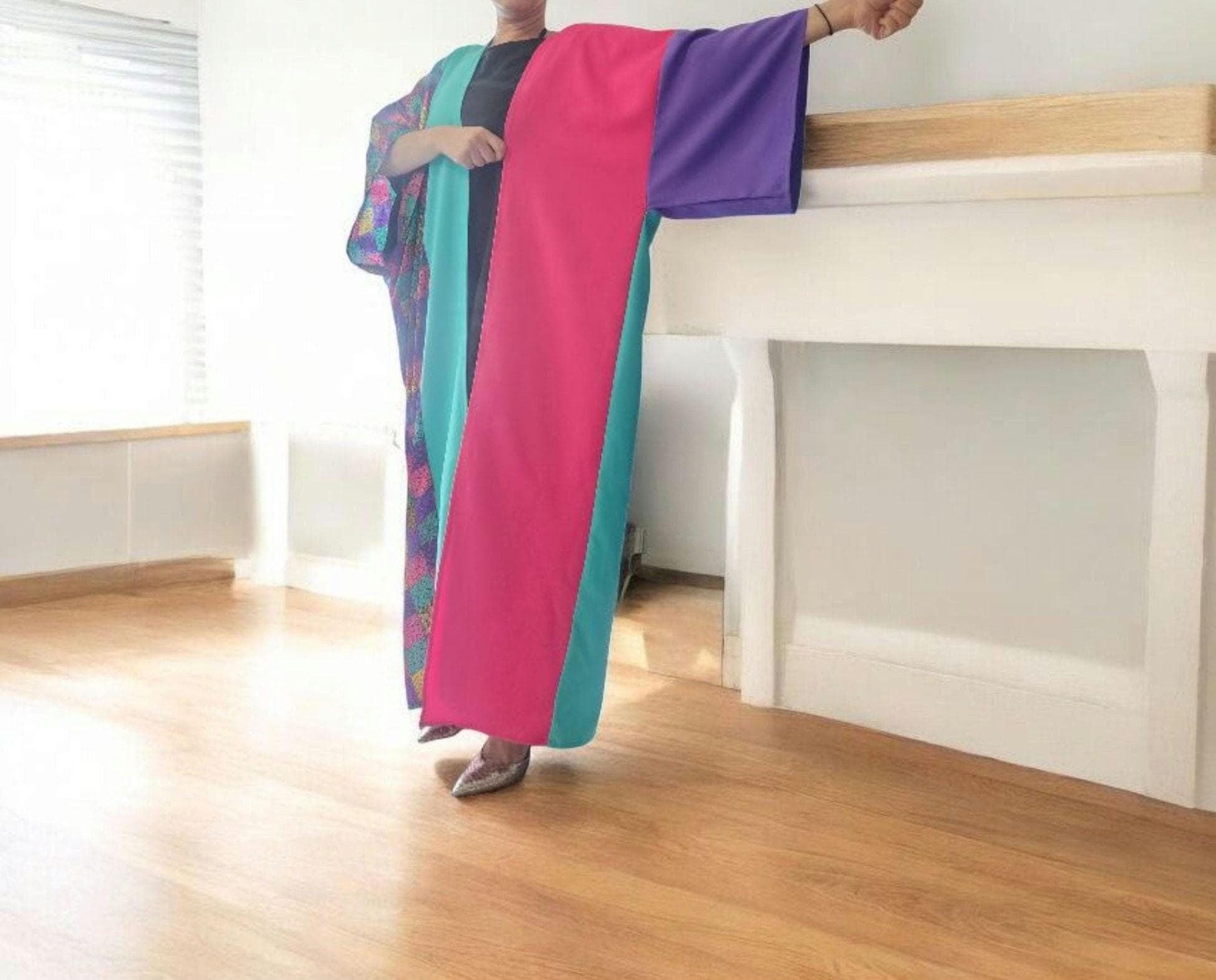 Colorful Kimono  long cardigan, Patchwork Robe | Modest Boho Duster | Multicolor Statement Abaya | Handmade Festival Kimono Cardigan - image 5