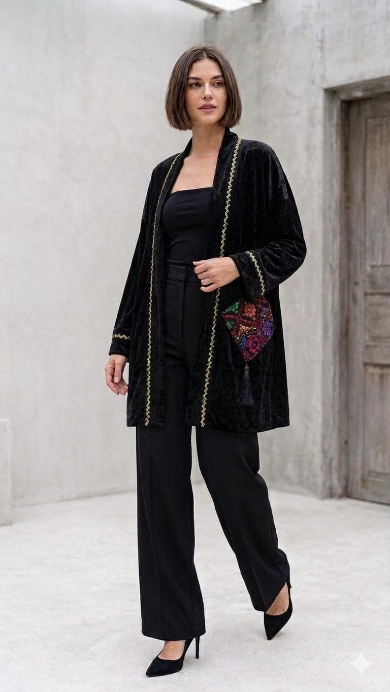 Velvet Hand Embroidered Palestinian Tatreez cardigan - image 3