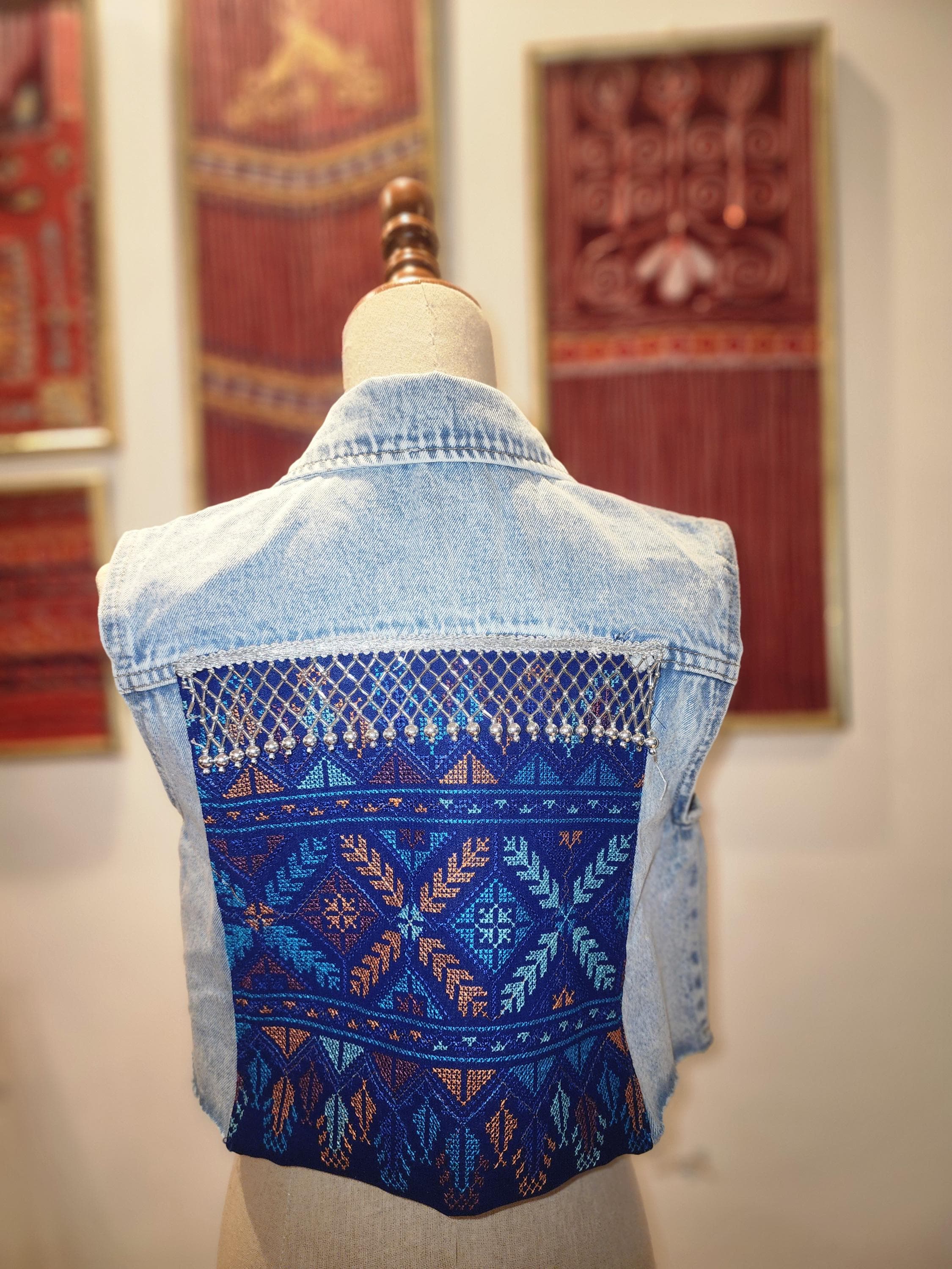 Embroidered Denim Vest with Silver Beaded Fringe – Crop vest