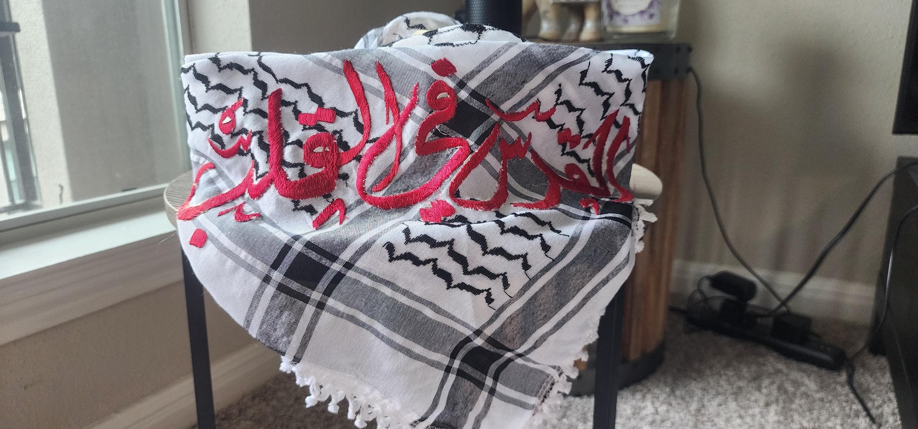 Unisex Palestinian Keffiyeh with Red Embroidery ,Palestinian shawl
