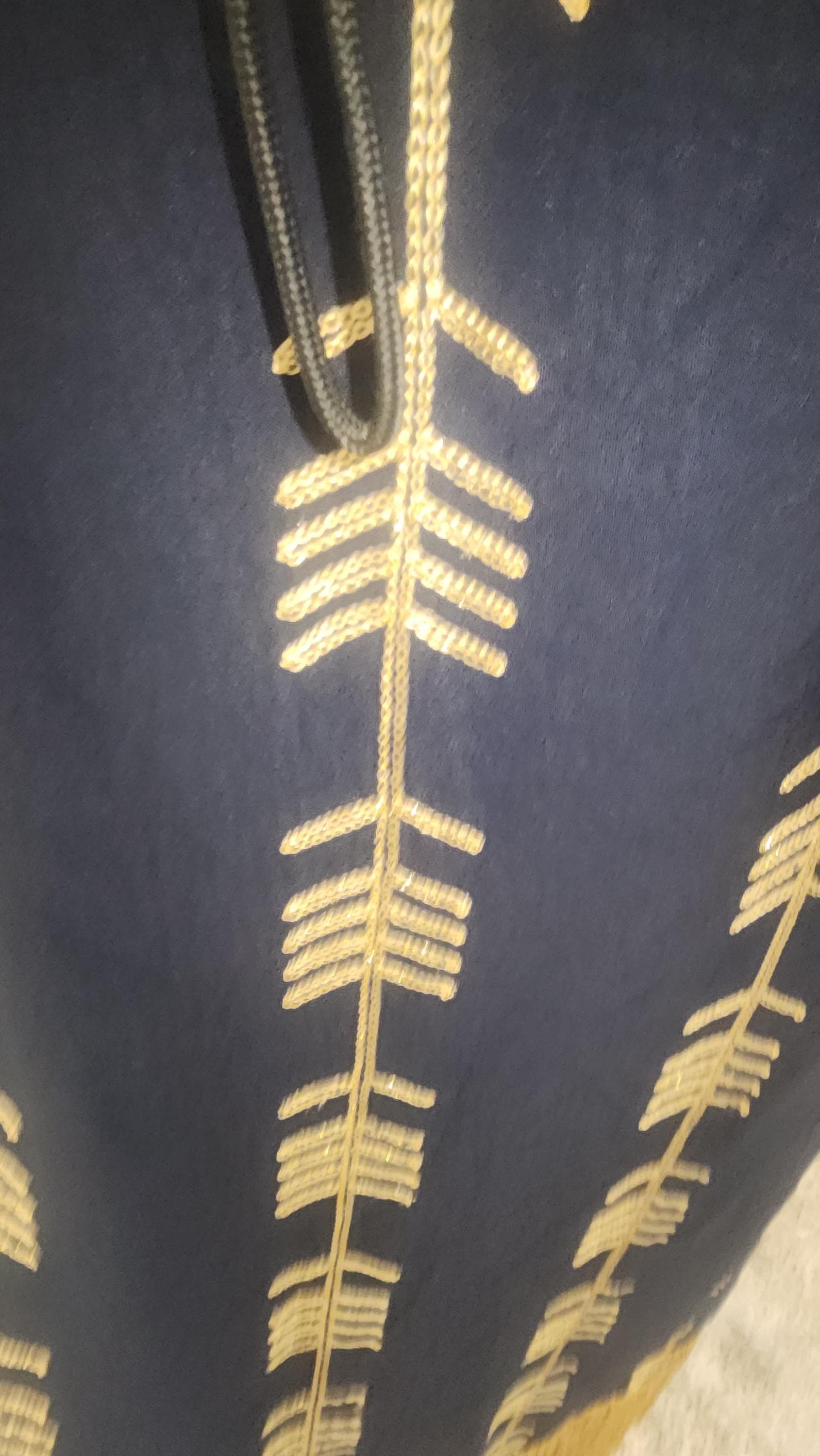 Embroidered Kaftan Dress – Navy Blue Cold-Shoulder Maxi with Gold Fringe - image 3