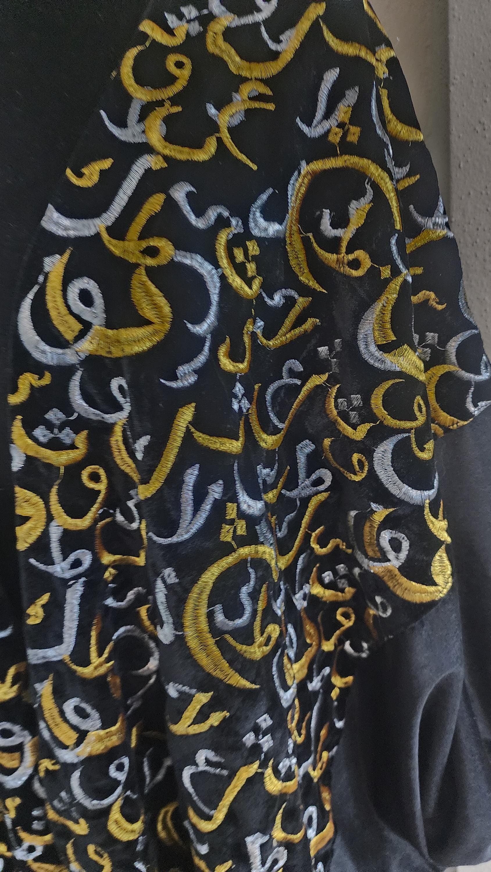 Black Velvet cardigan Abaya Robe,coverup: Gold Silver Arabic Calligraphy Embroidery, Ethnic Wear - image 5