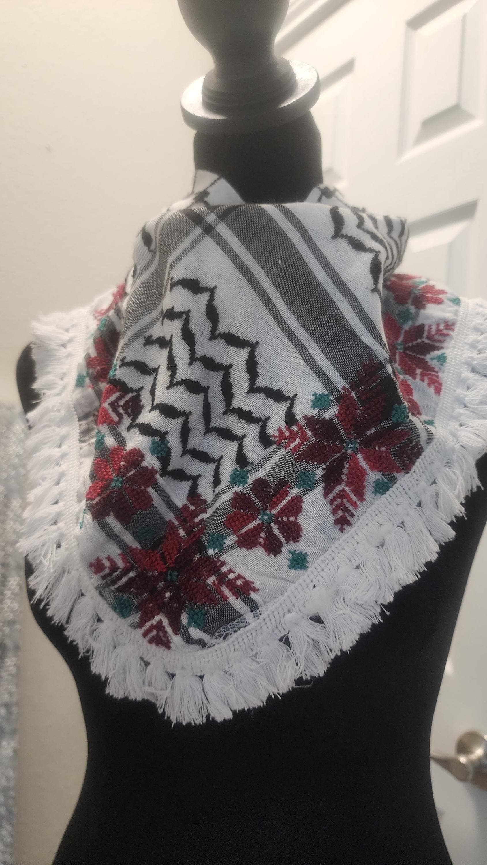 Hand-Embroidered Tatreez Scarf: Palestinian, Keffiyeh Shawl neck scarf - image 3