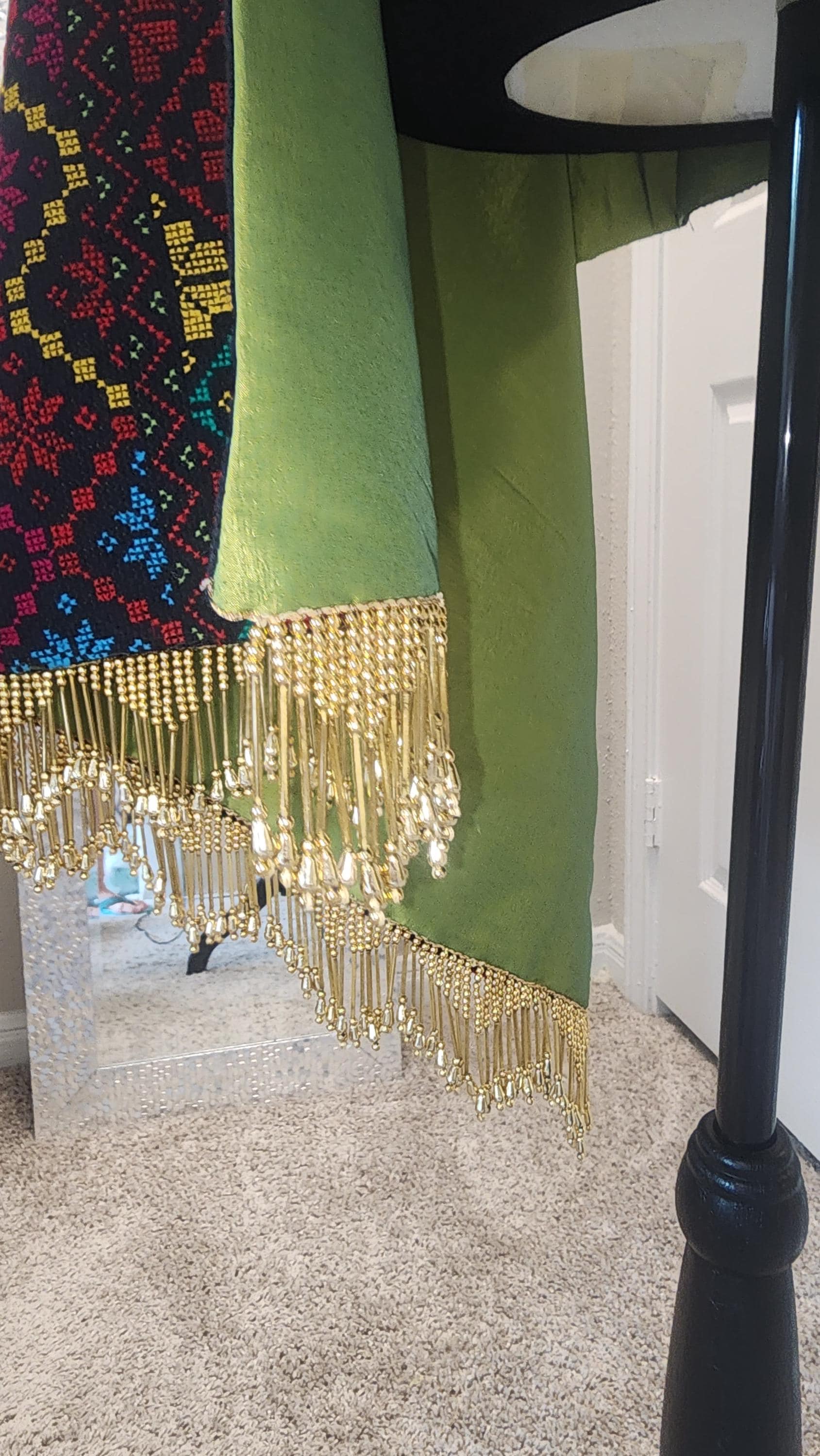 Handmade Palestinian Tatreez Shawl: Embroidered Etamine Wrap with green tefta Lining with beads fringes - image 5