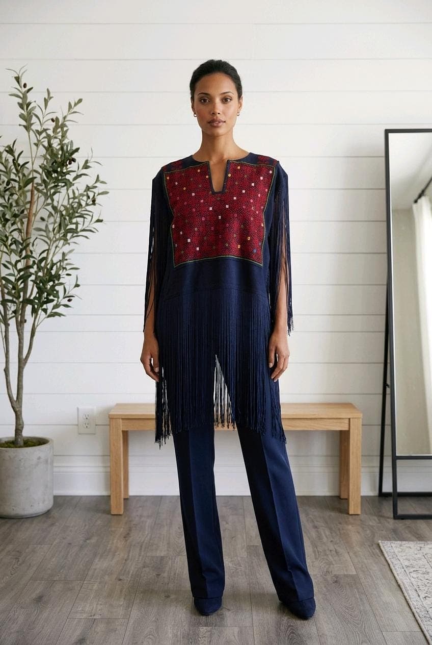 Versatile vintage Navy Thobe Top | Fringe Detail | Upcycled Statement Piece