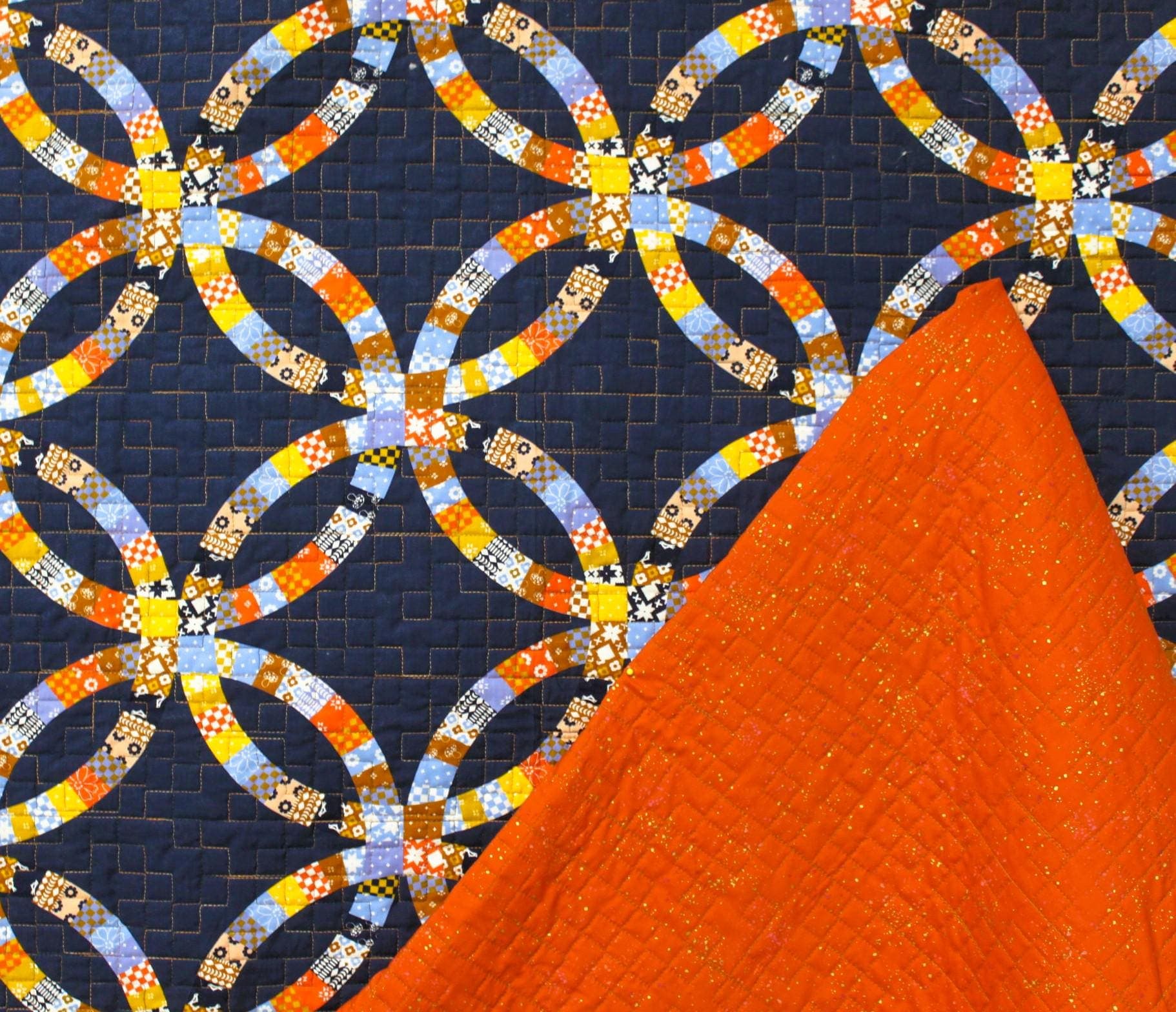 Double sided pre quilted fabric, 3YD, Ready to Use, Ruby Star Honey Navy by Alexia Abegg, Speckled Metallic Cayenne Rashida Coleman Hale