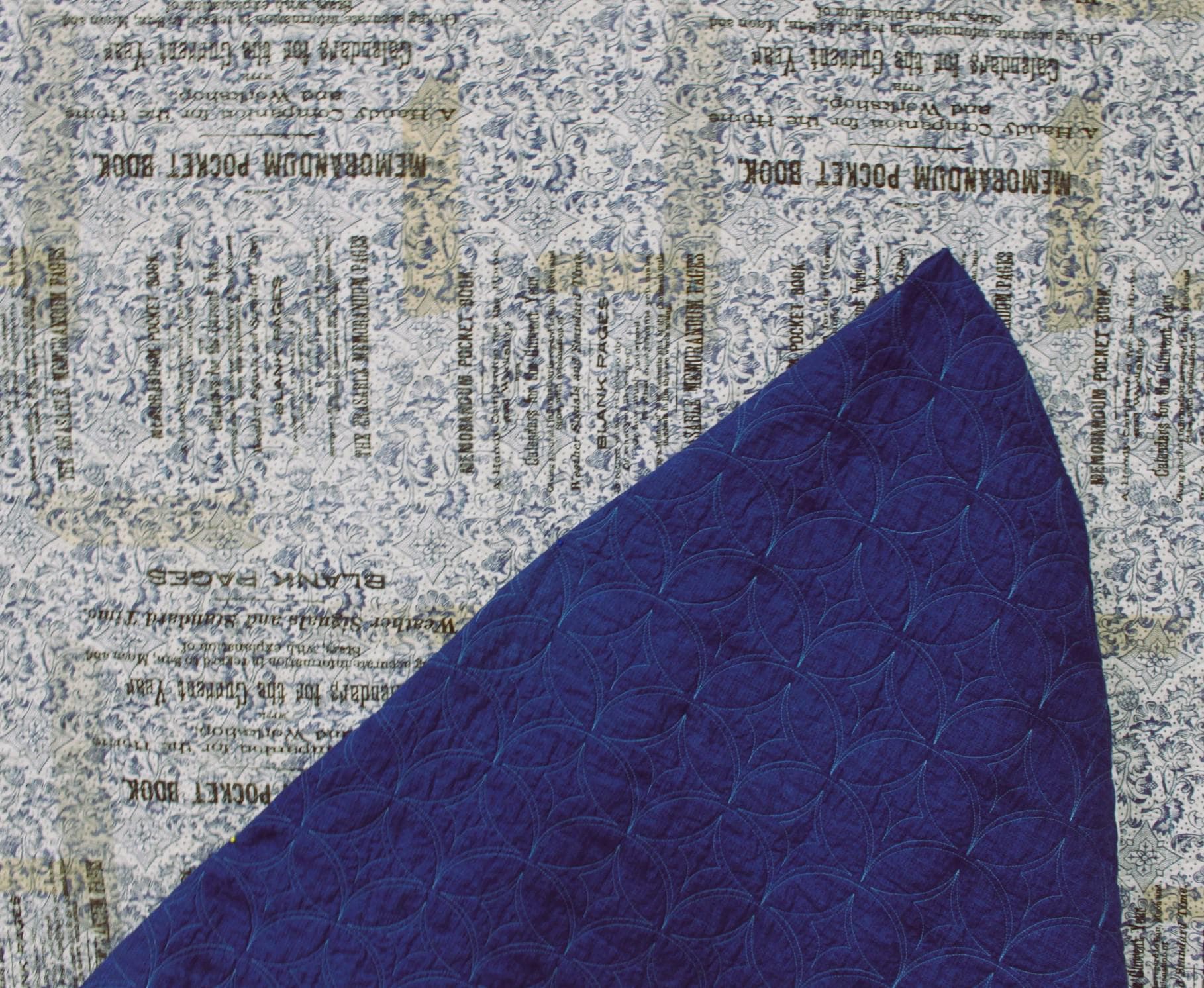 Double sided pre-quilted fabric, Ready to Use for Jacket/Vests, Tim Holtz Memorandum Blue Collage Print, Blue Demin Texture