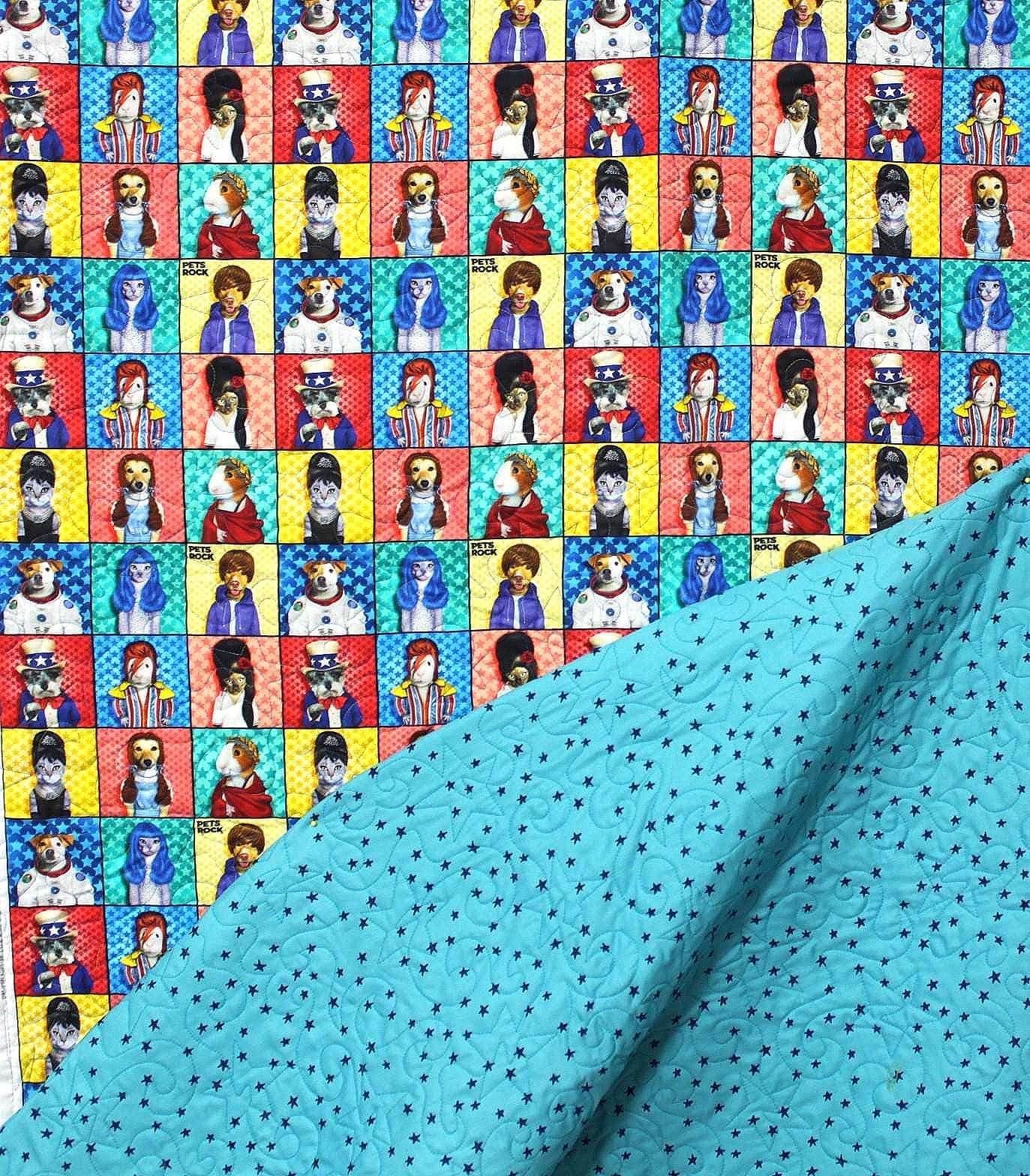 Double sided pre quilted fabric, 3 Yards, Ready to Use for Jackets/Vests, Michael Miller Pets Rock, Ruby Star Starry Turquoise Alexia Abegg