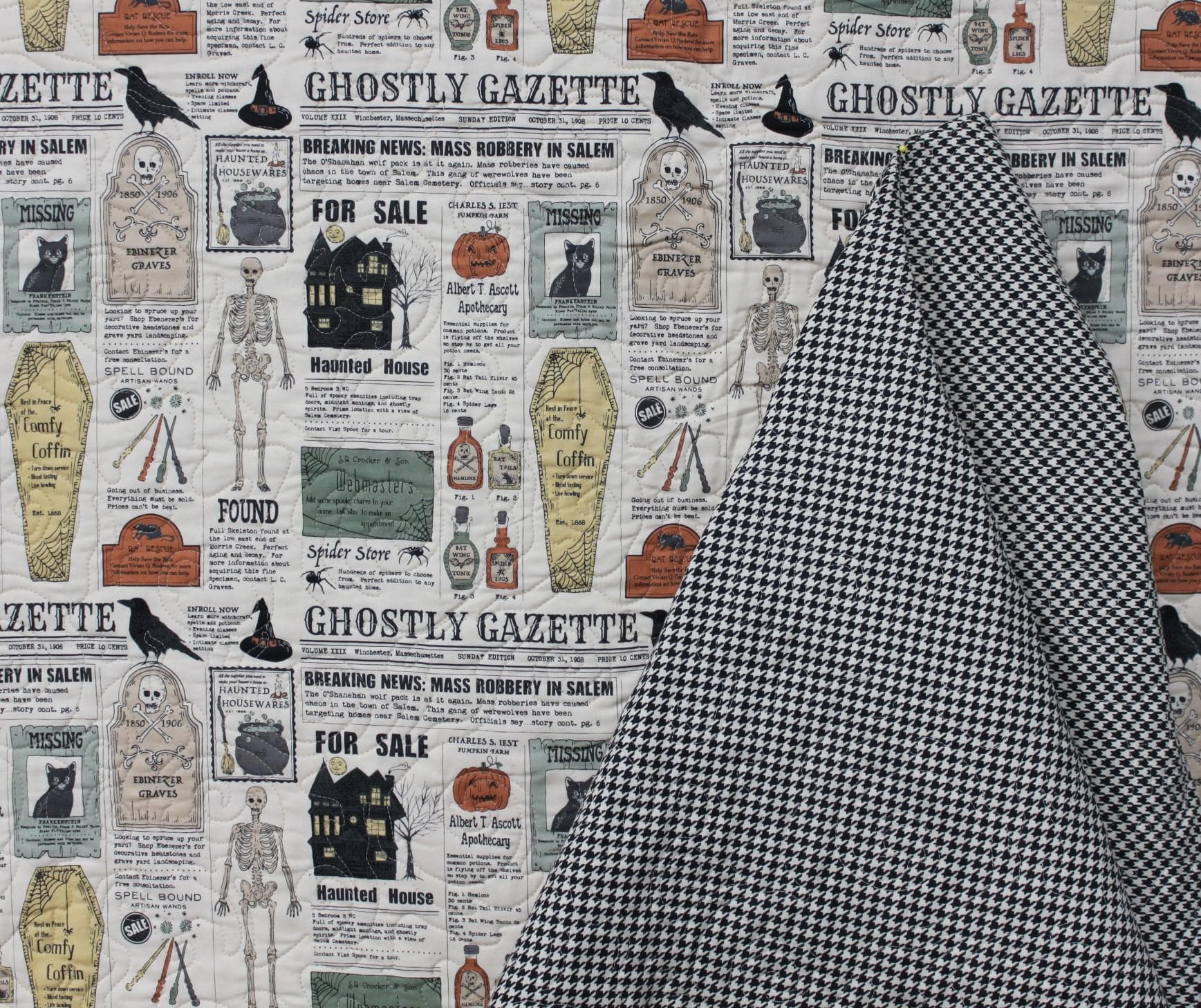 Pre-quilted fabric, 3 Yards, Ready To Use for Jackets/Vests, Moda Stacy lest Hsu Home Sweet Haunt, Gazette Collage and Houndstooth print