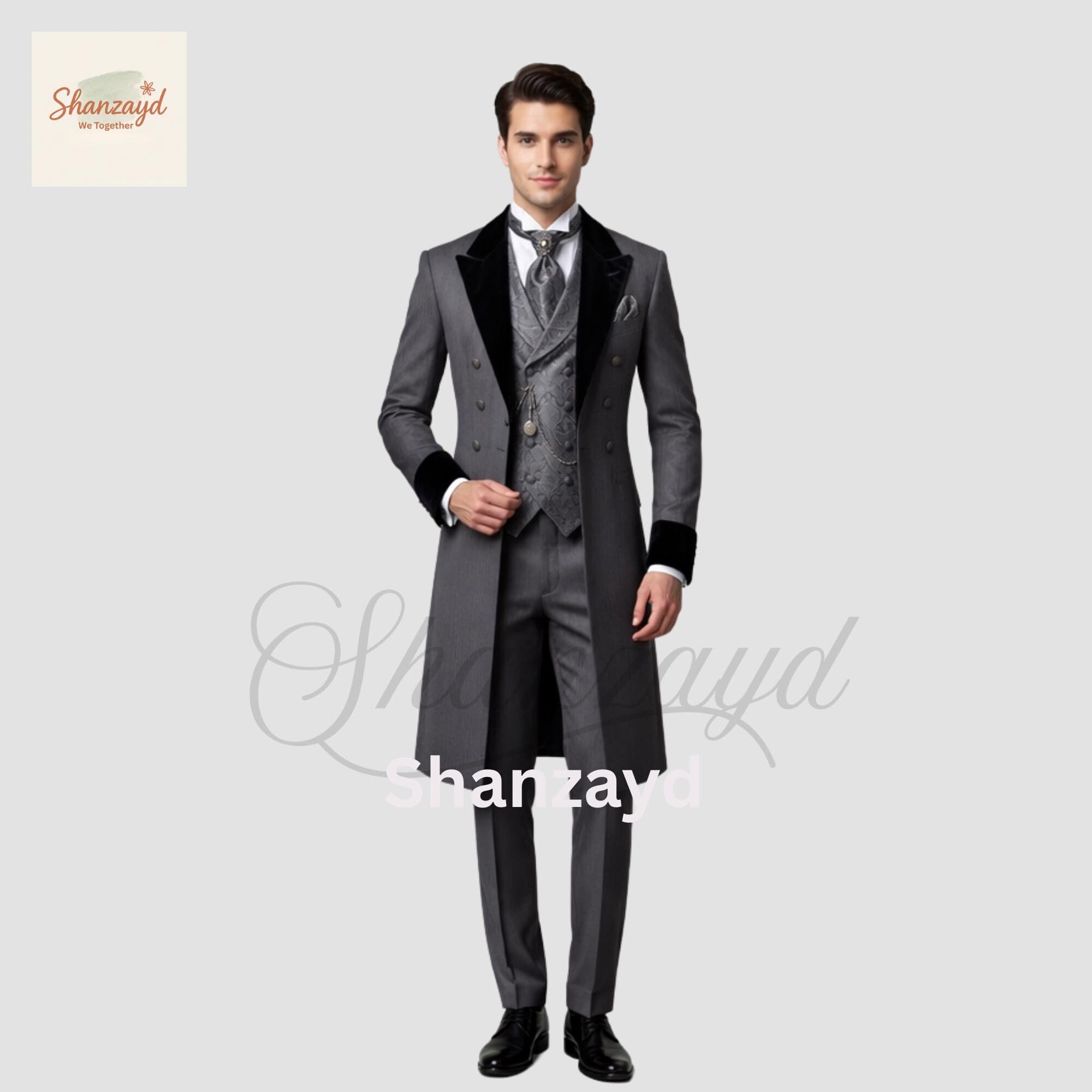 Grey Victorian Frock Coat Suit Mens, Gothic Tailcoat Wedding Suit, Regency Formal Outfit, Double Breasted Long Coat, Custom Made Suit