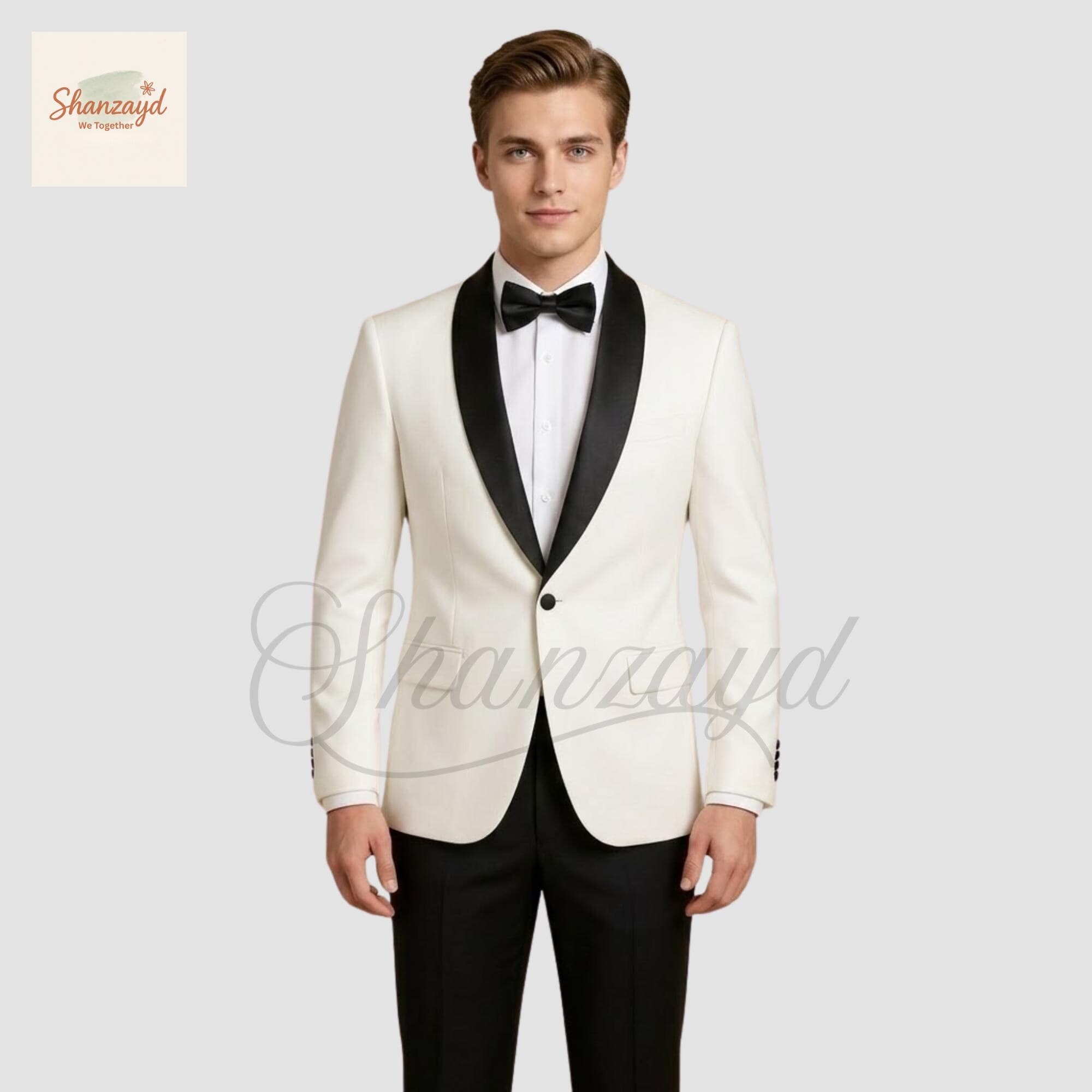 Ivory Tuxedo Suit Men Wedding Groom Suit Black Shawl Lapel Tuxedo Formal Dinner Jacket Prom Suit Groomsmen Outfit Custom Made Suit