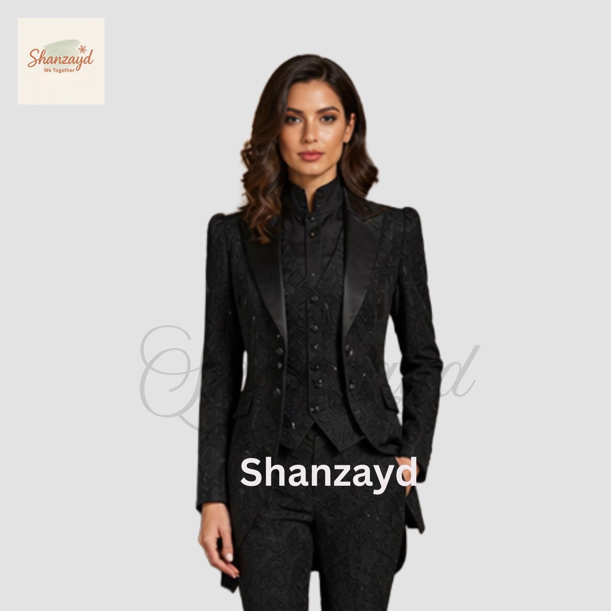 Womens Black Brocade Suit Gothic Victorian Blazer Set Formal 3 Piece Suit Women Tailored Jacket Vest Pants Elegant Wedding Outfit Women