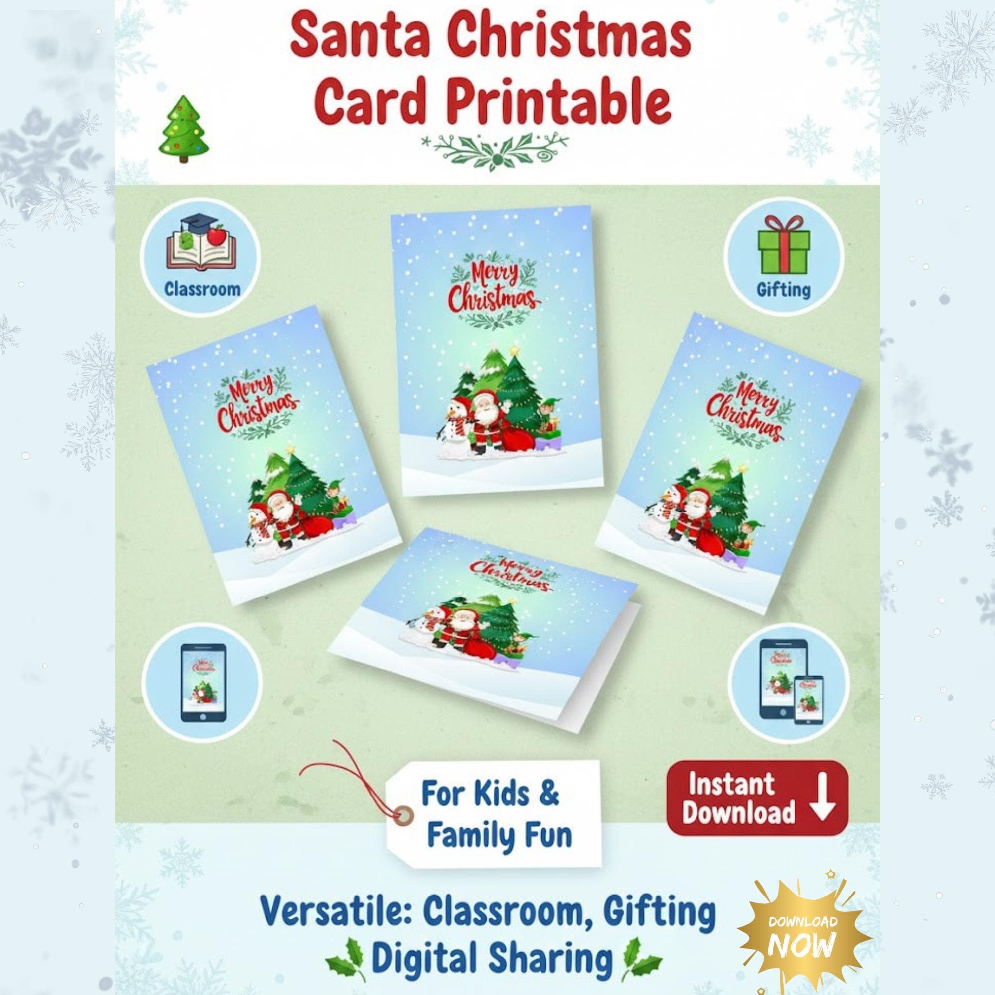 Santa Christmas Card Printable Kids Christmas Card PDF Holiday Greeting Card Instant Download Xmas Card for Kids Cute Santa Card