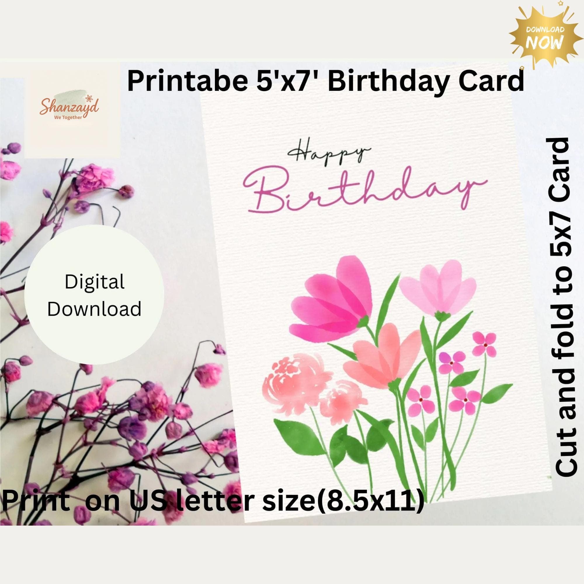 Happy Birthday Card| Floral Birthday Card | Pink Birthday Card | Watercolor Birthday Card for Her | 5x7 Card | Digital Download - image 5