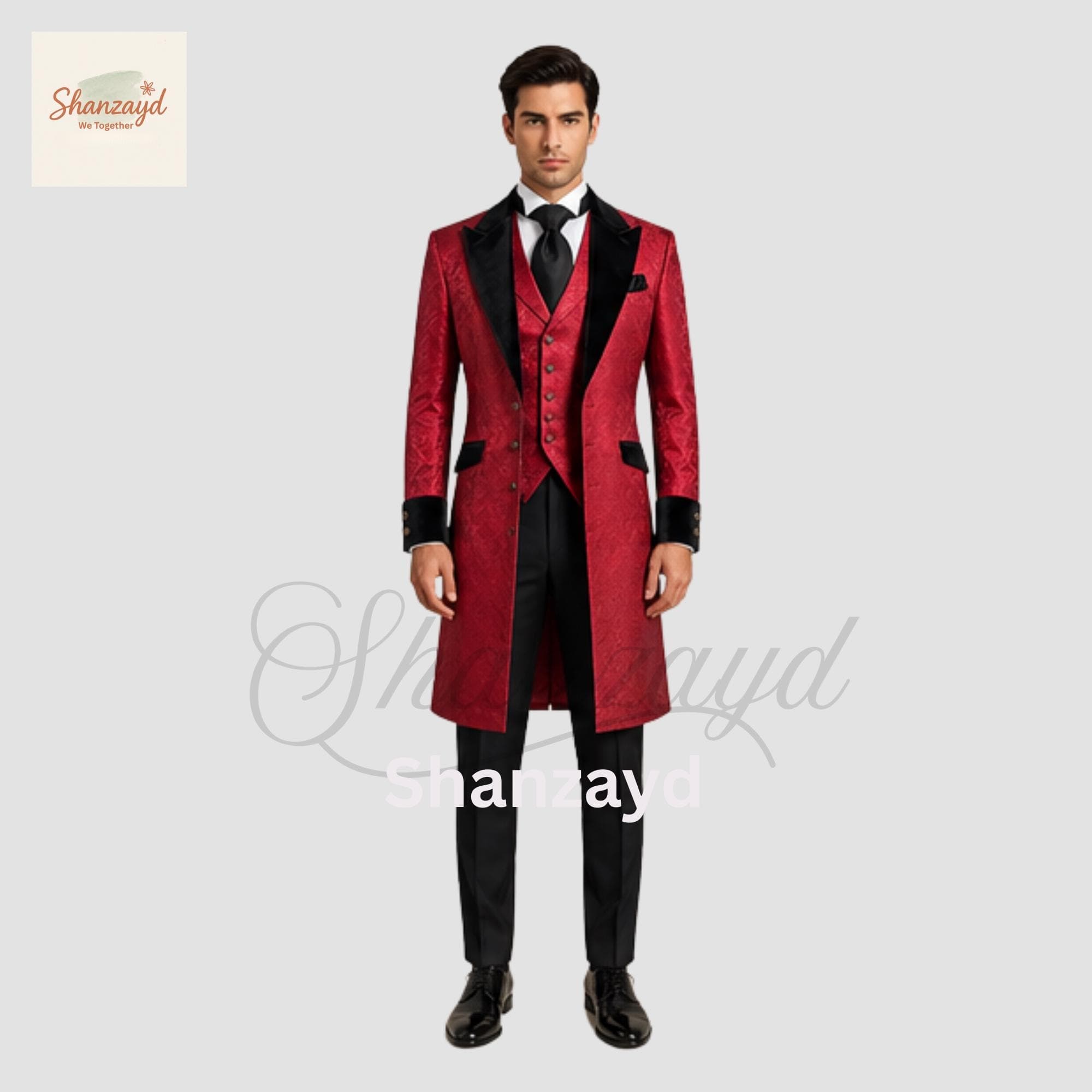 Red Victorian Frock Coat Men Gothic Wedding Suit Brocade Tailcoat Tuxedo Formal Outfit Prom Suit Vintage Style Long Coat