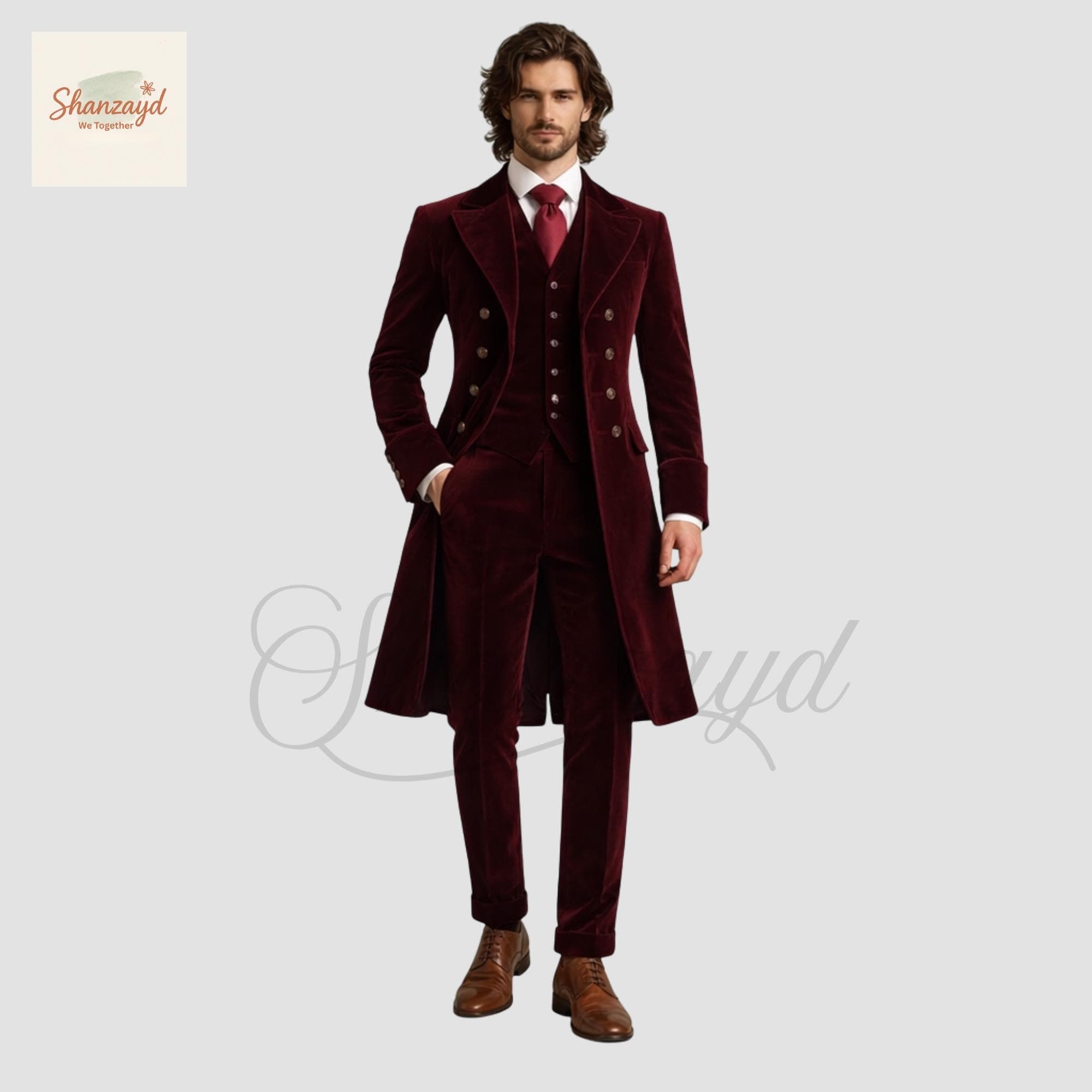 Victorian Burgundy Velvet Long Coat Suit for Men, Gothic Regenecy Tailcoat 3 Piece, Wedding Suit, Mens Formal Suit, Tailcoat Frock Coat