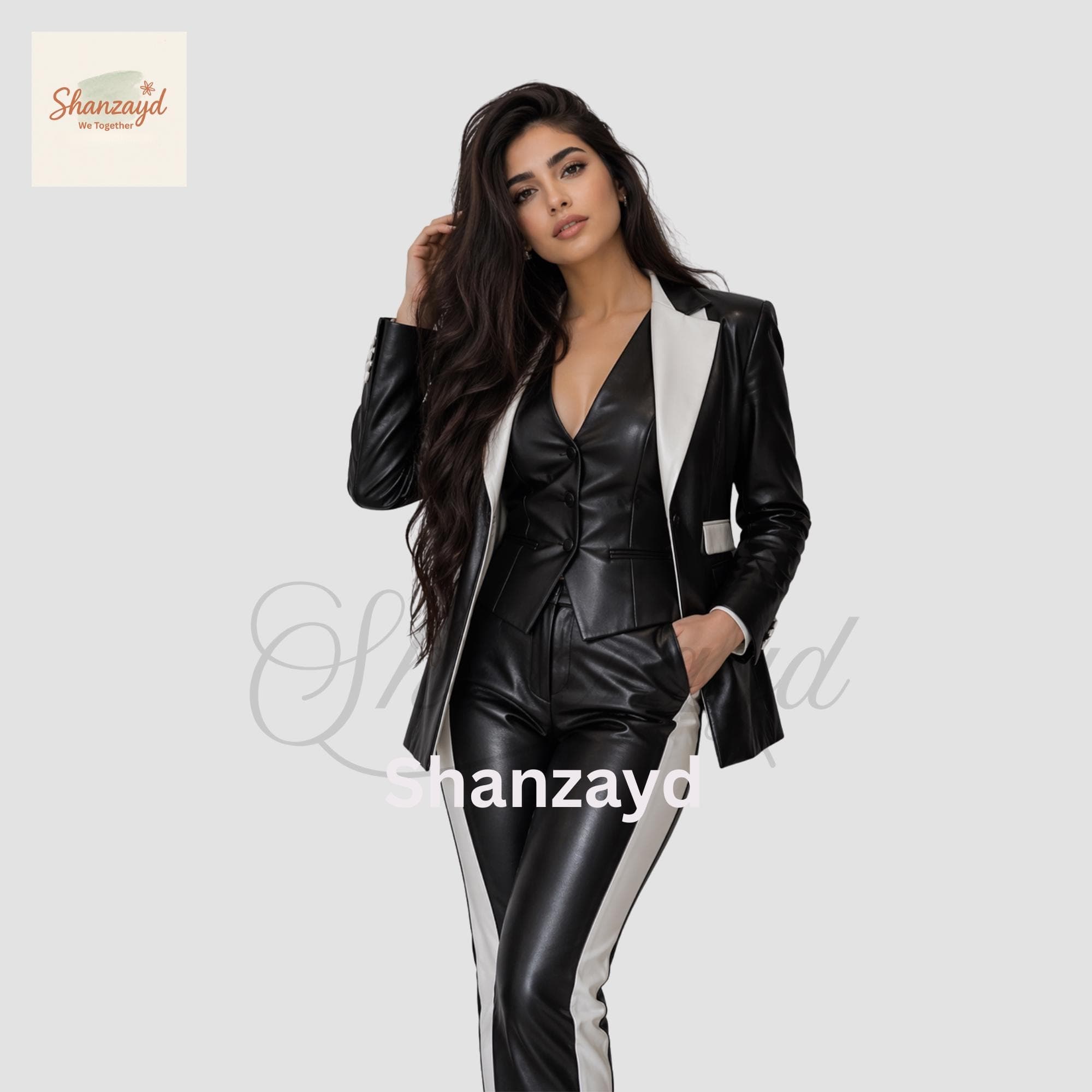 Black Leather Suit Women, Contrast Panel Blazer Set, Slim Fit Leather Pants Suit, Formal Evening Outfit, Chic Office Wear, Three Piece Suit
