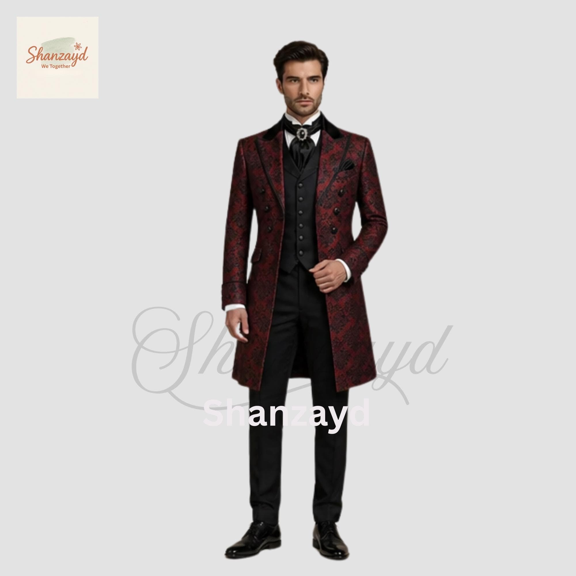 Burgundy Gothic Frock Coat Men, Victorian Wedding Suit, Brocade Tailcoat, Vintage Formal Outfit, Regency Style Coat, Black Vest Suit Set