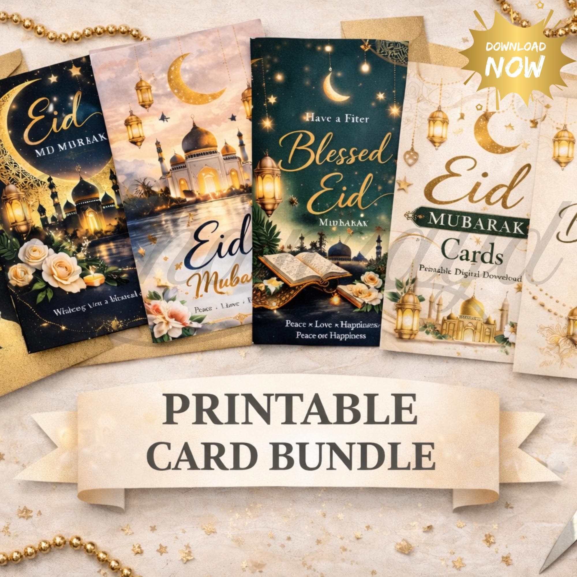 Eid Mubarak Cards Printable, Islamic Eid Card Bundle Pack of 7, Digital Download PDF JPG, Eid al Fitr & Eid al Adha Greeting Cards