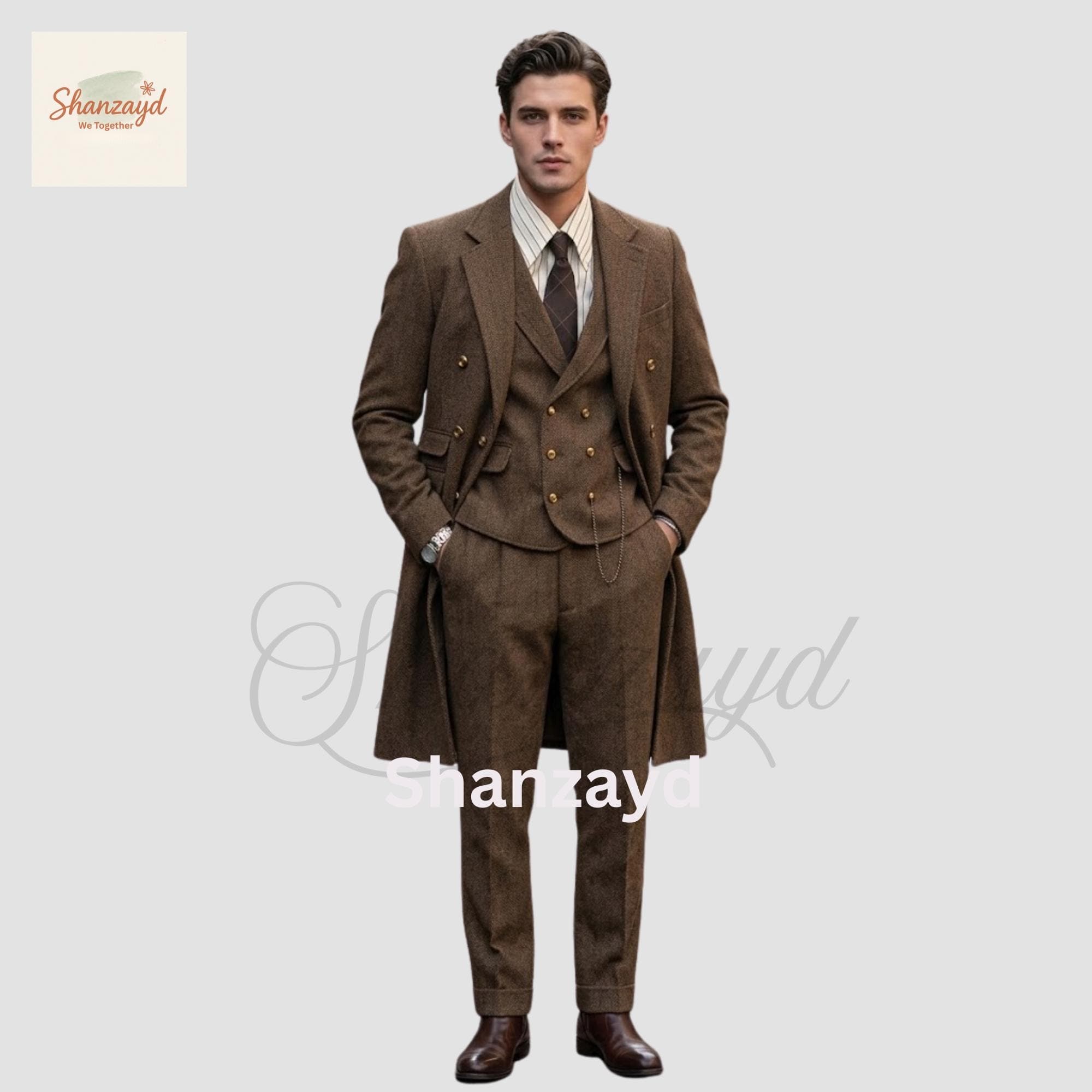 Victorian Brown Tweed Suit Men, 3 Piece Frock Coat Suit, Vintage Double Breasted Vest Suit, Classic Gentleman Wedding Outfit,Custom Tailored