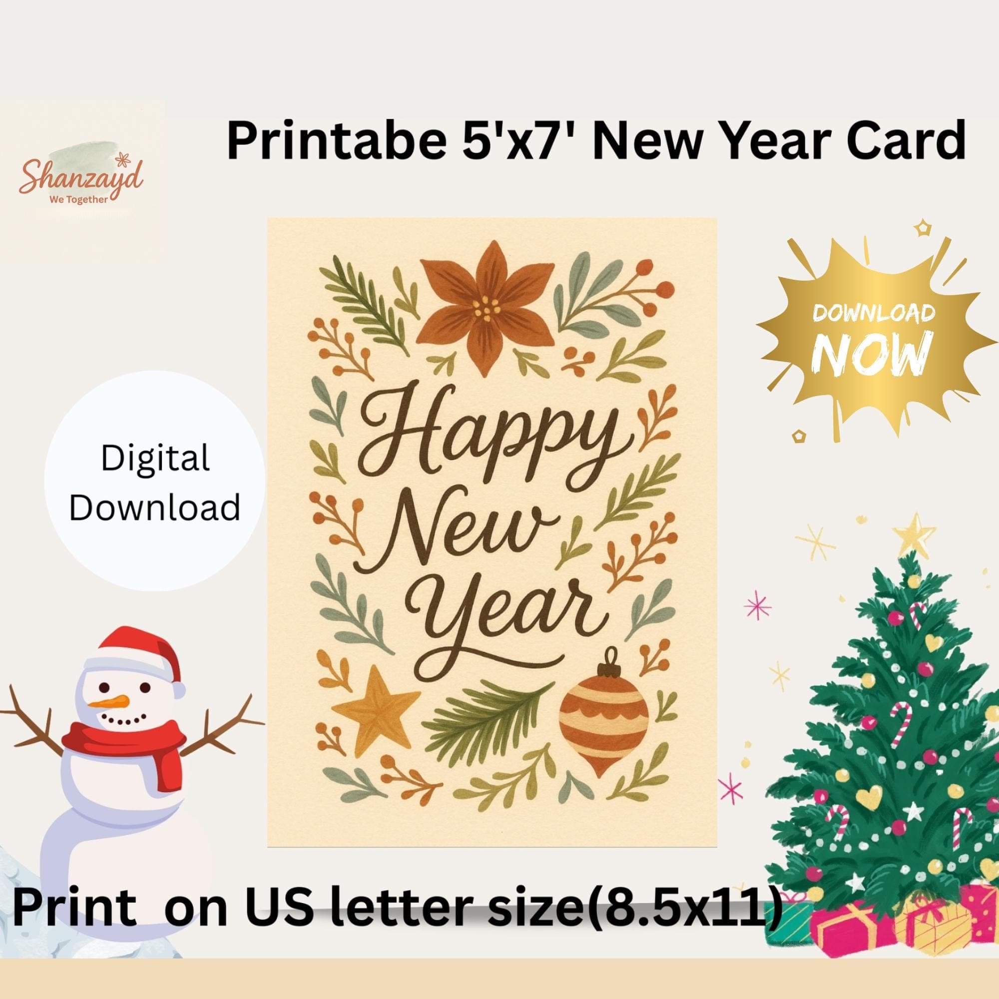 Happy New Year Card • New Year Cards • 5x7 Retro Floral Card • Instant Download PDF • Holiday Card - image 3