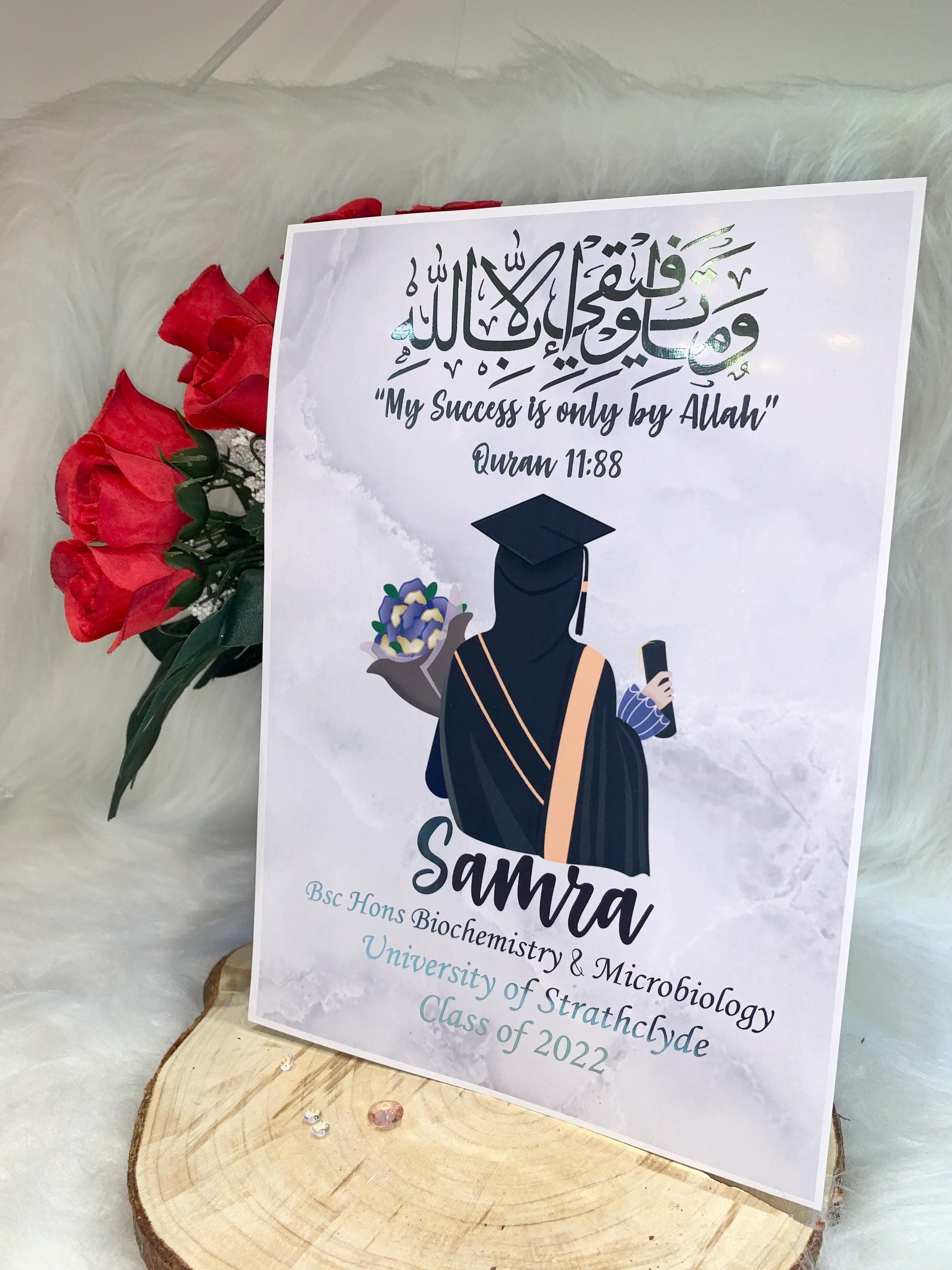 A4,A5,A6 Personalised Arabic calligraphy Graduation Print for hijab girl with name, course, uni and date perfect gift frame not included UK