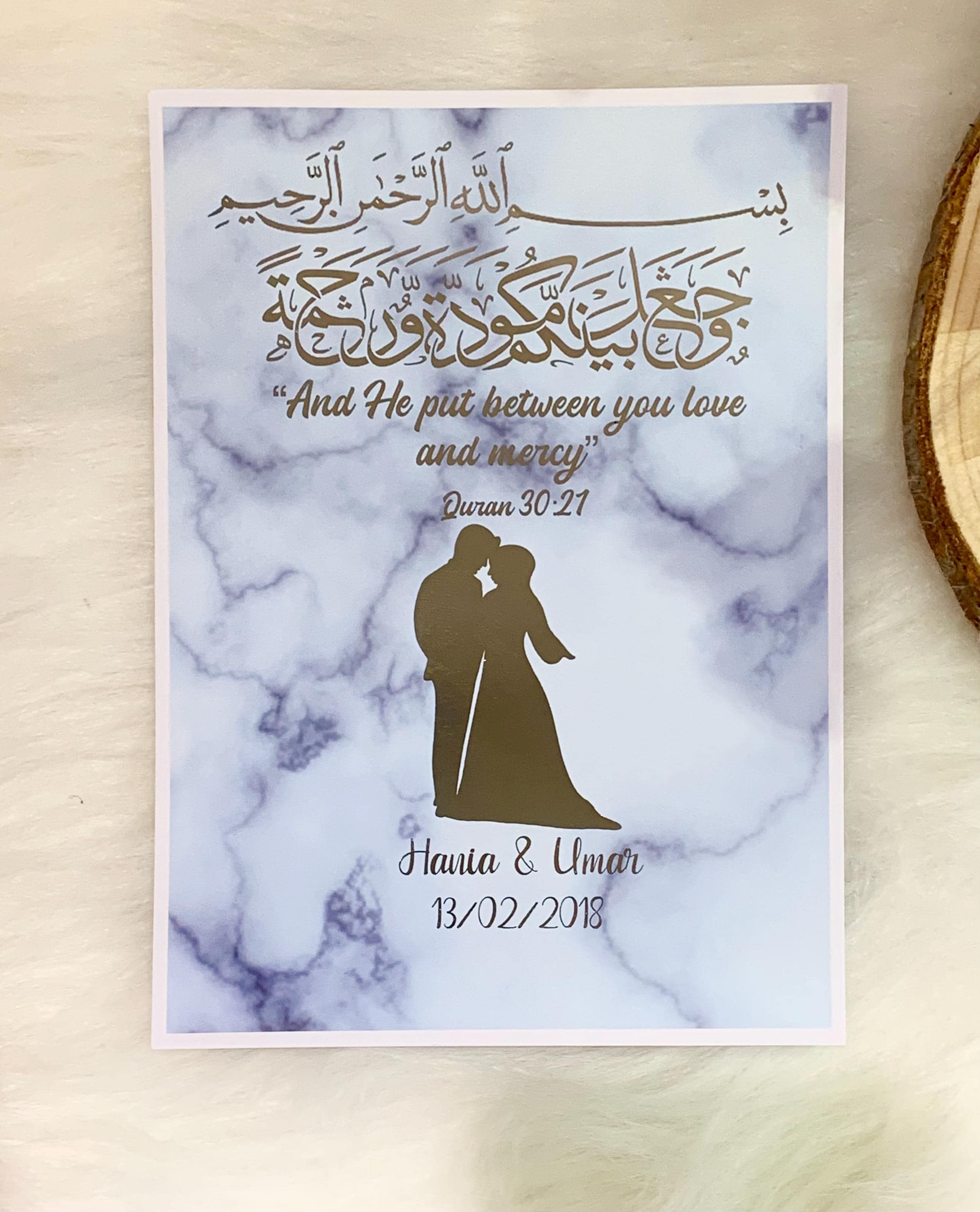 A4,A5,A6 Personalised Arabic calligraphy And he put between you love and mercy foil print with silver foil Perfect Nikkah gift UK - image 3