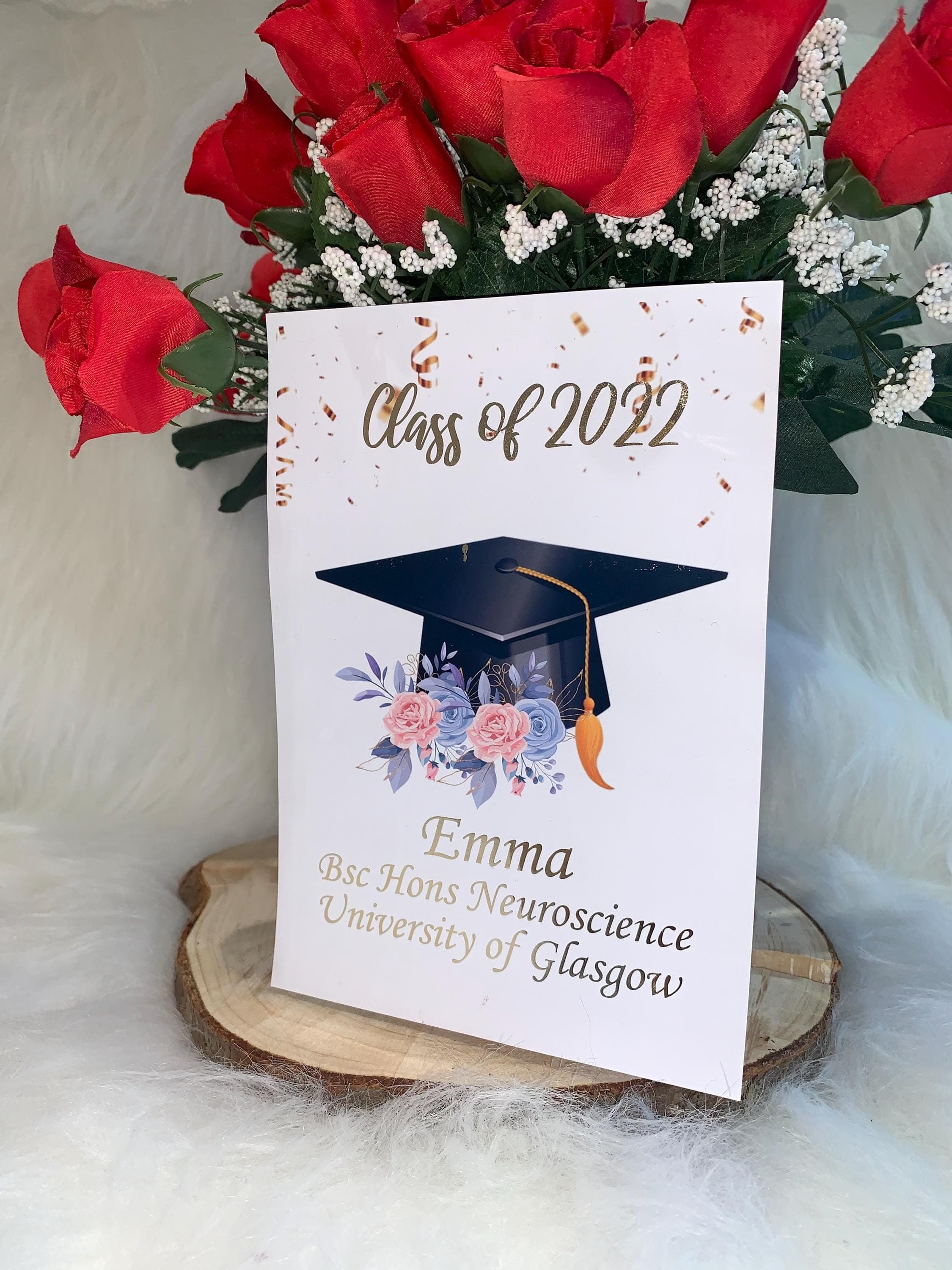 A4,A5,A6 Personalised Graduation Print with cap and flowers including name, course, uni and date perfect gift frame not included UK
