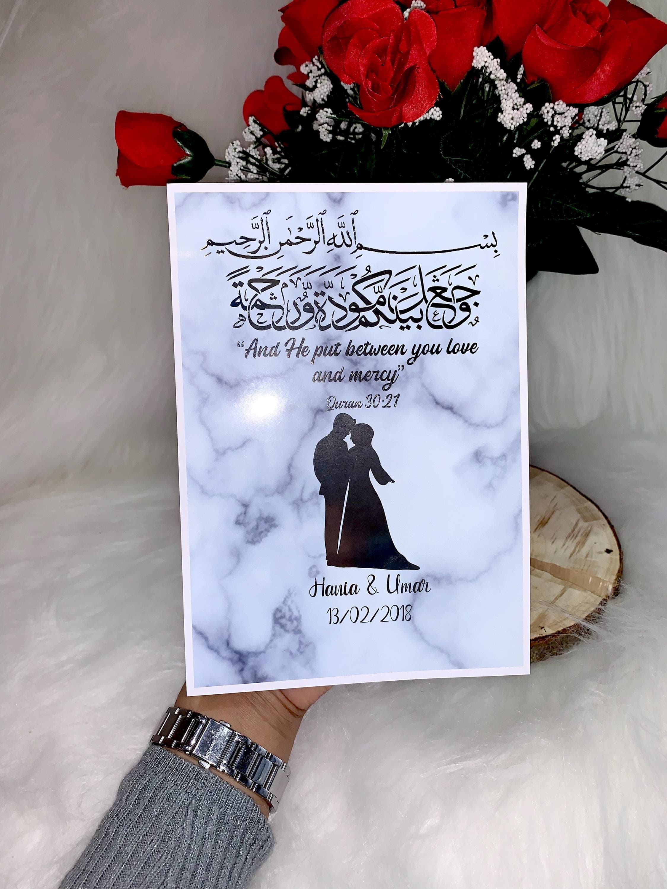 A4,A5,A6 Personalised Arabic calligraphy And he put between you love and mercy foil print with silver foil Perfect Nikkah gift UK