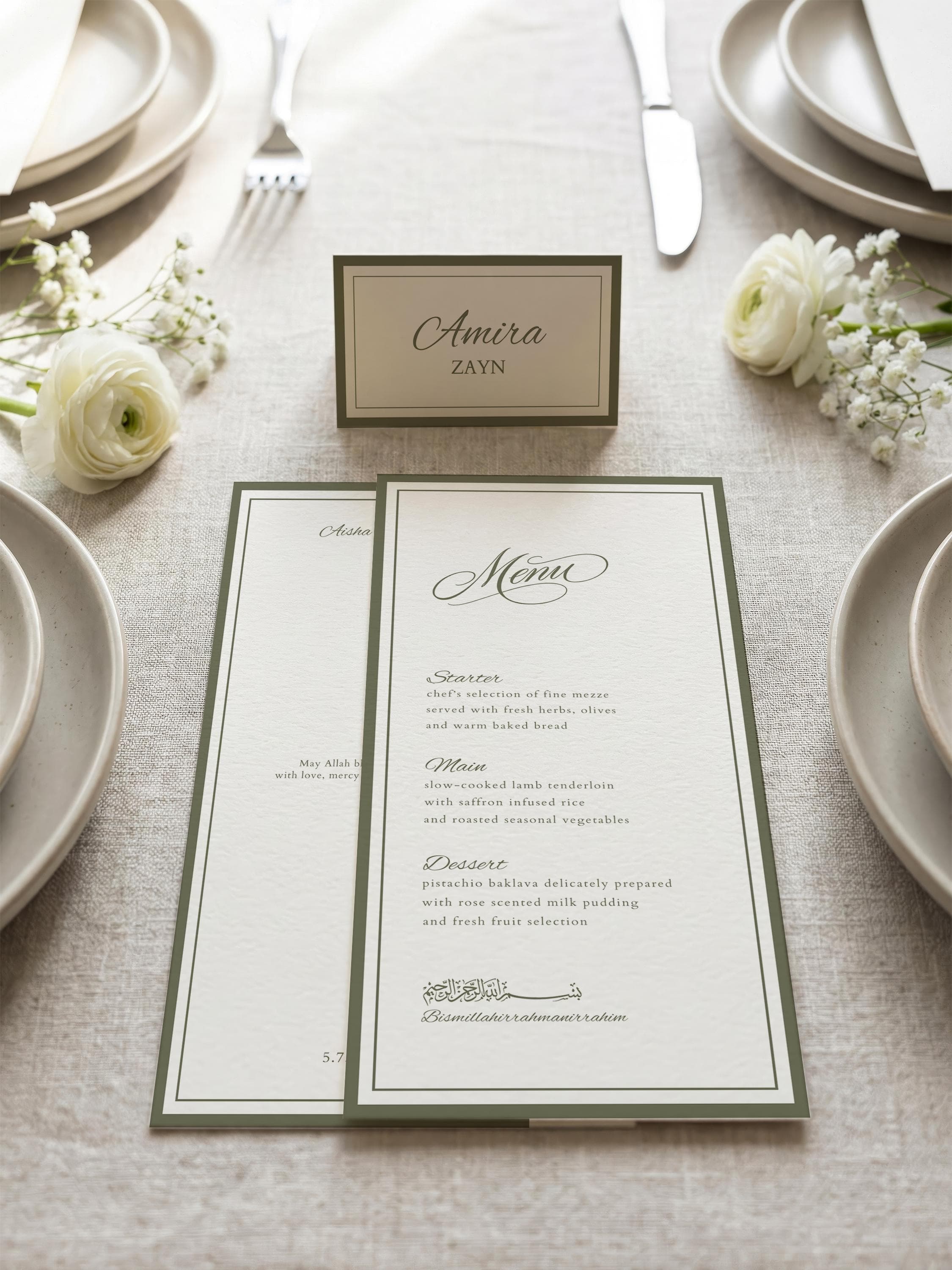 Islamic Wedding Menu & Place Card Template: Elegant Green Muslim Nikkah Reception Set (Digital Download)