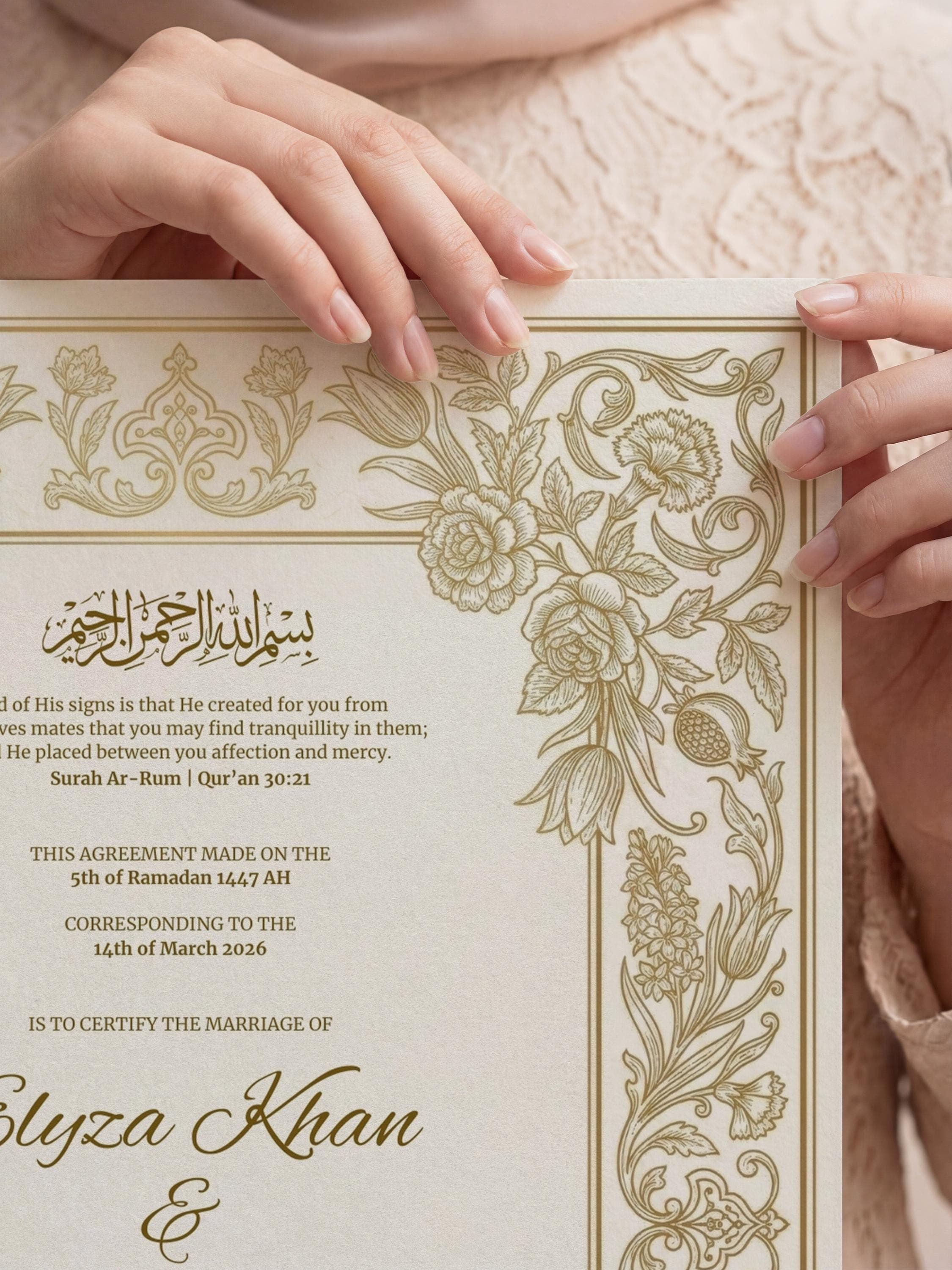 Gold Floral Islamic Nikkah Certificate: Elegant Editable Muslim Wedding Contract, Marriage Canva Template A3-A4 - image 5