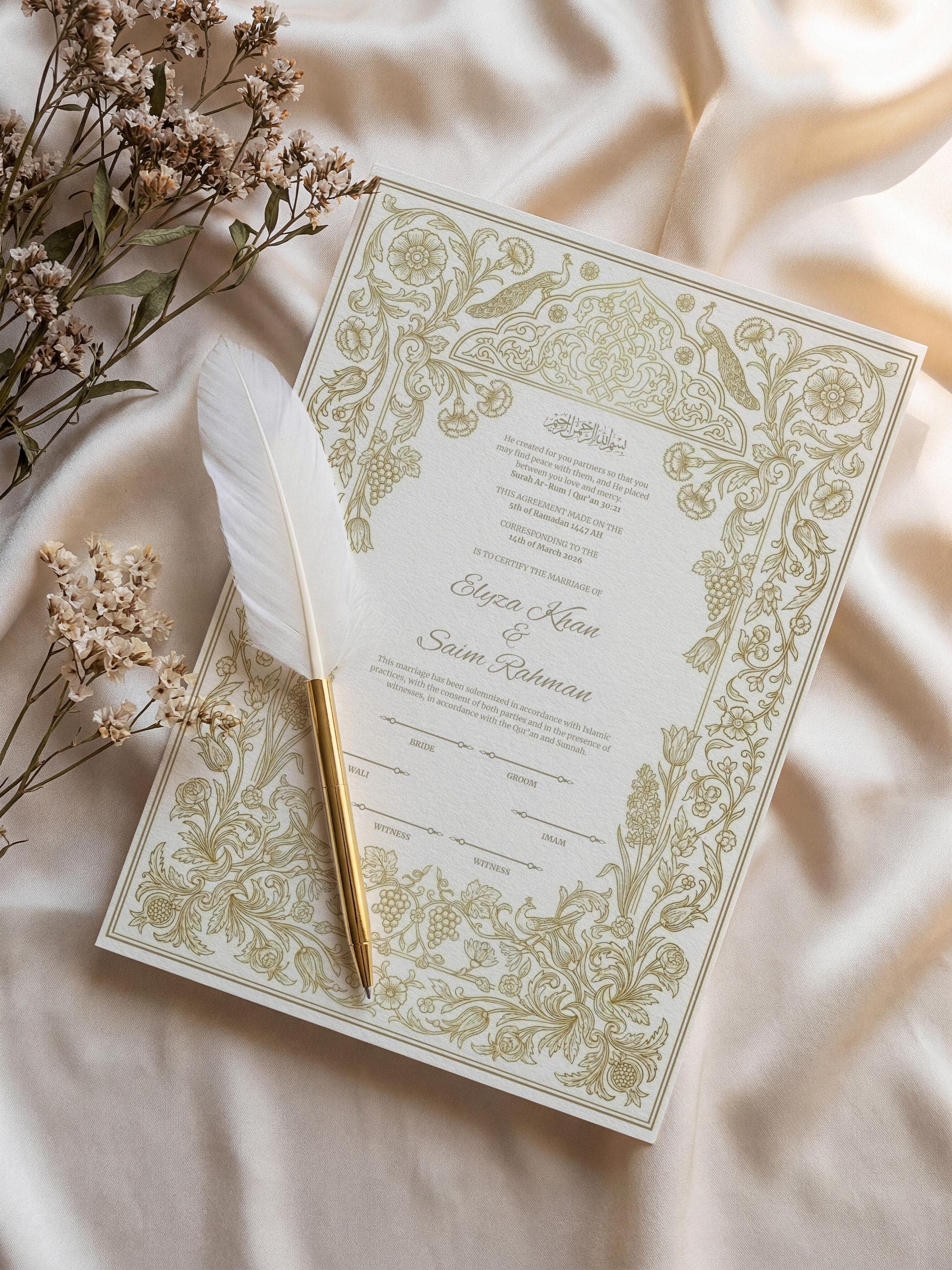 Luxury Muslim Wedding Contract: Floral Ornate Gold Islamic Nikkah Certificate - image 4