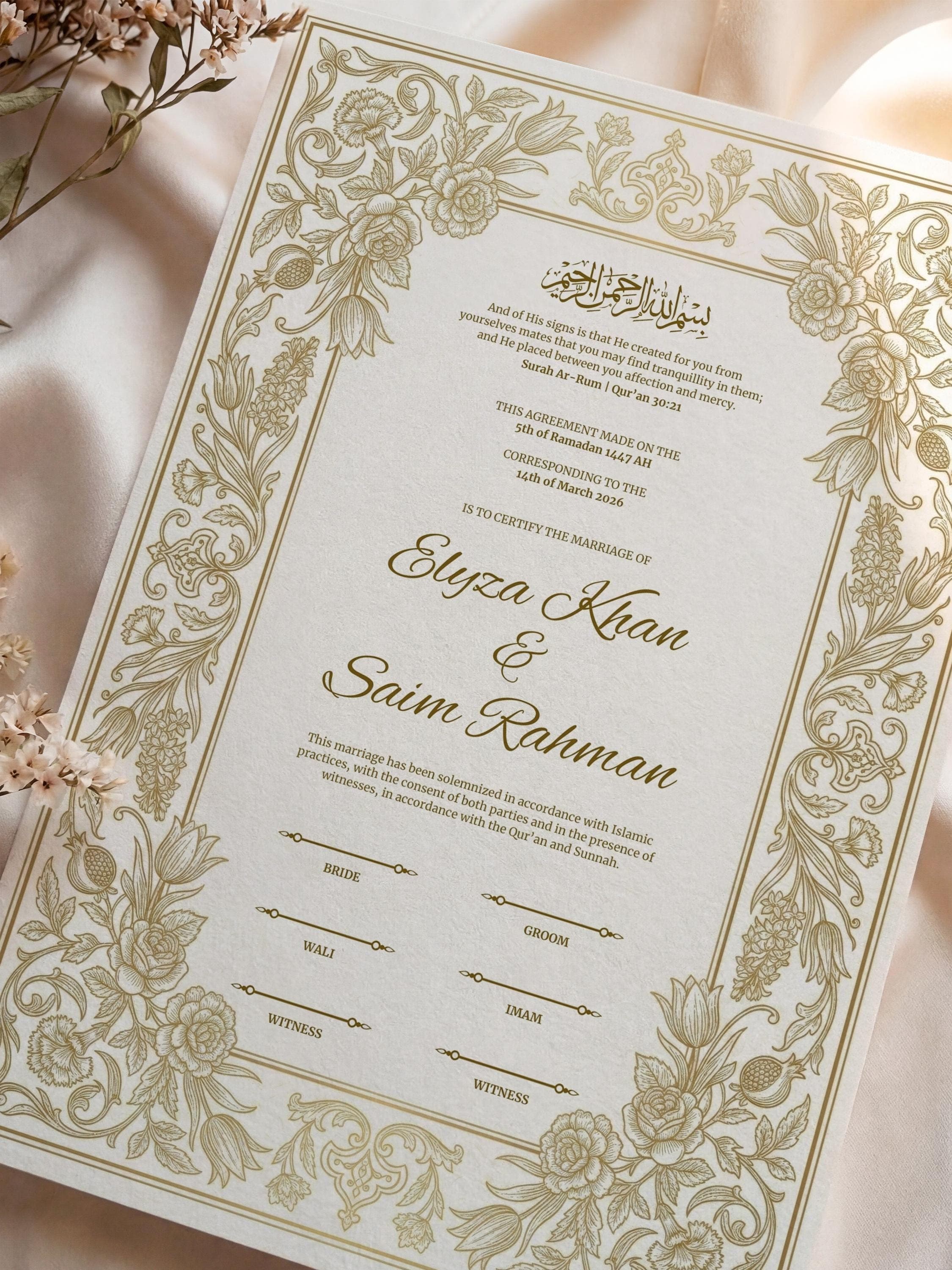 Gold Floral Islamic Nikkah Certificate: Elegant Editable Muslim Wedding Contract, Marriage Canva Template A3-A4