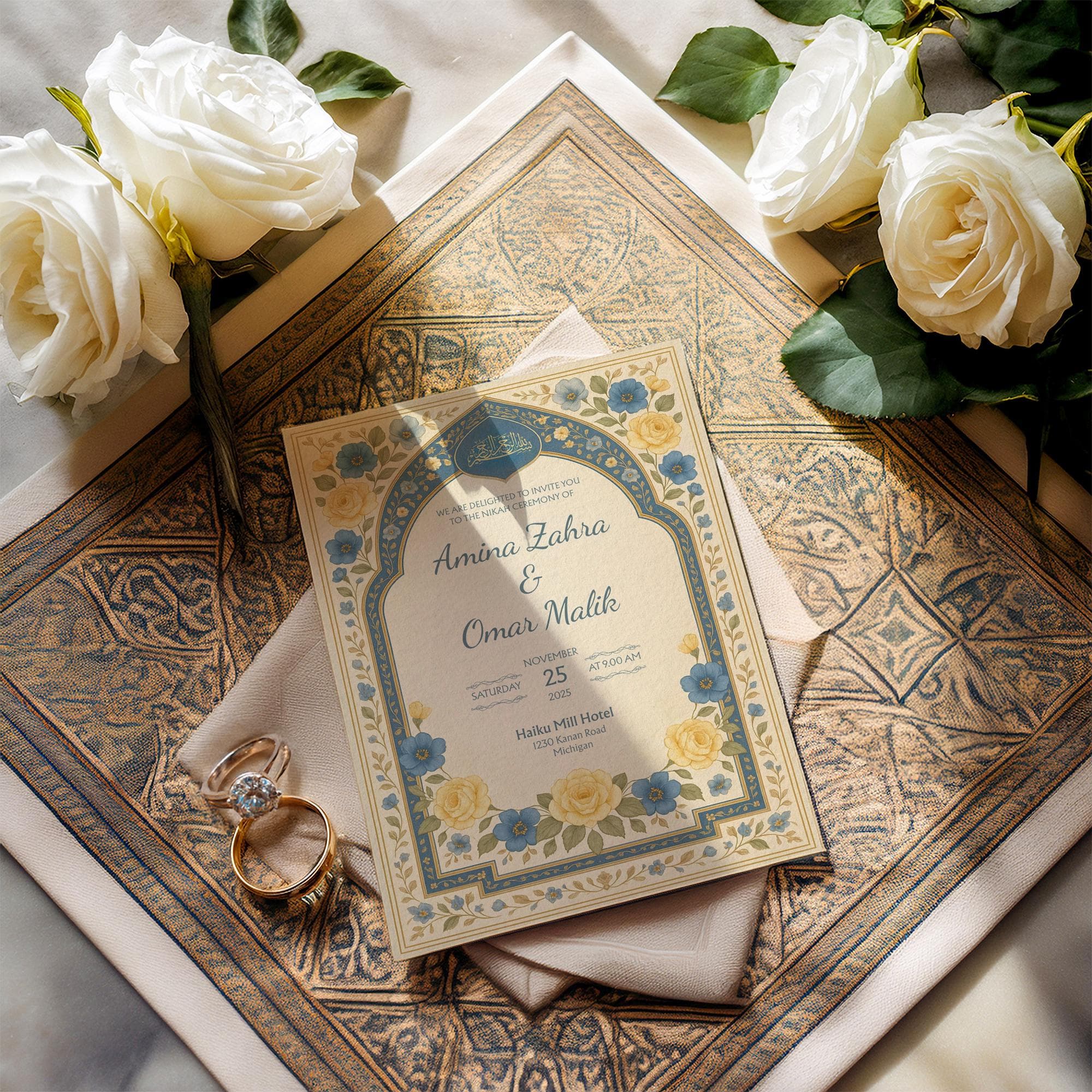 Editable Floral Muslim Nikah Invitation Card | Blue and Yellow Islamic Canva Template with Arabic Details & Elegant Arch Design | WA09 - image 3