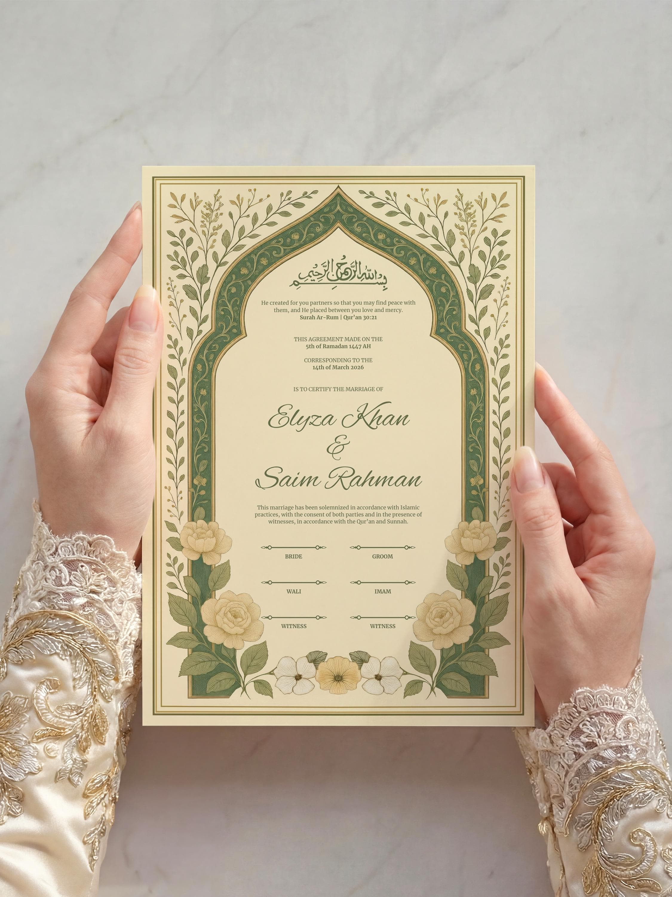Editable Green Floral Muslim Nikkah Certificate | Luxury Islamic Wedding Contract (Digital Download, Canva Template A3/A4) - image 5