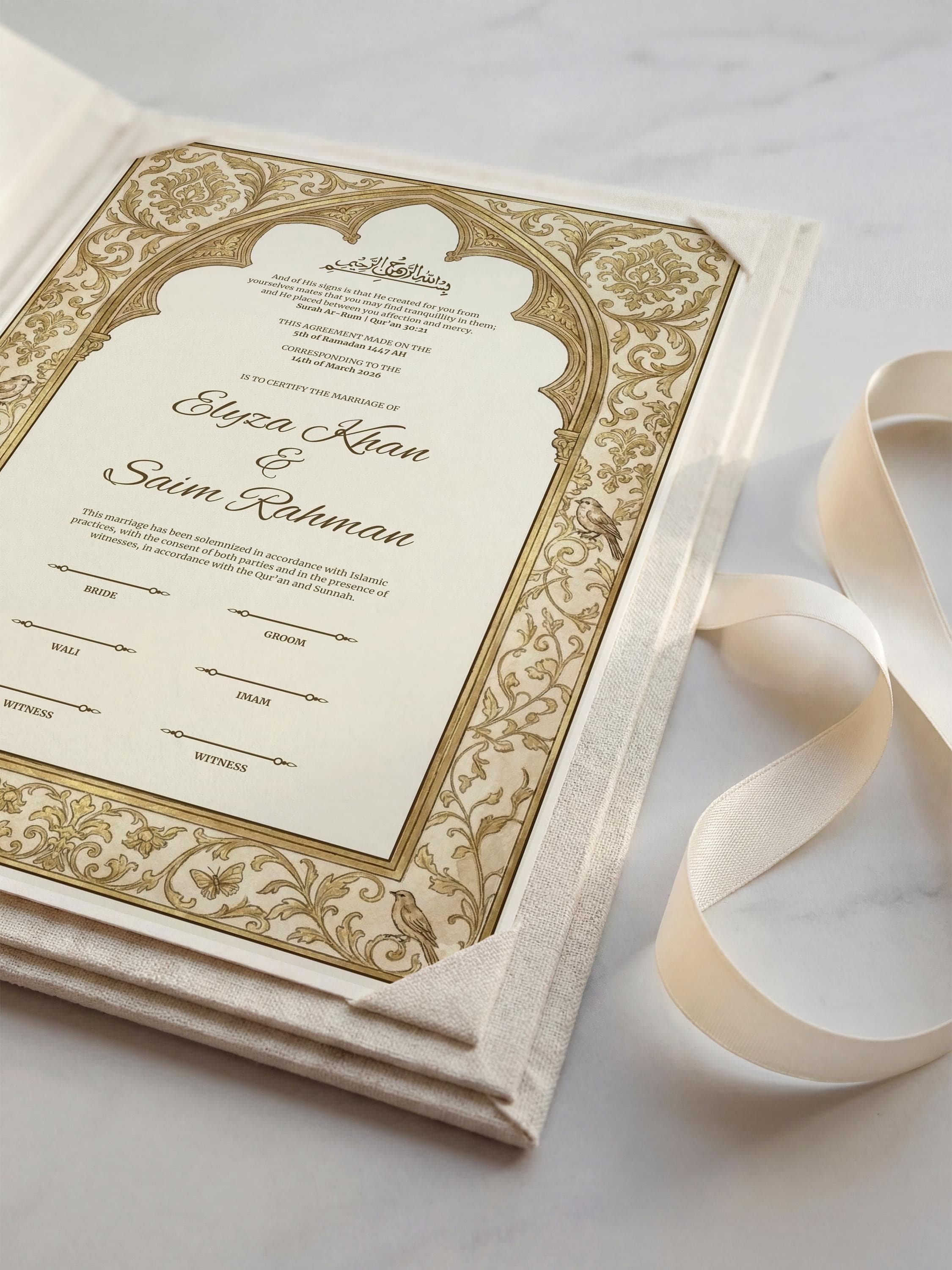 Arch Gold Islamic Nikkah Certificate: Muslim Wedding Template with Ornate Frame, Personalized Marriage Contract - image 4