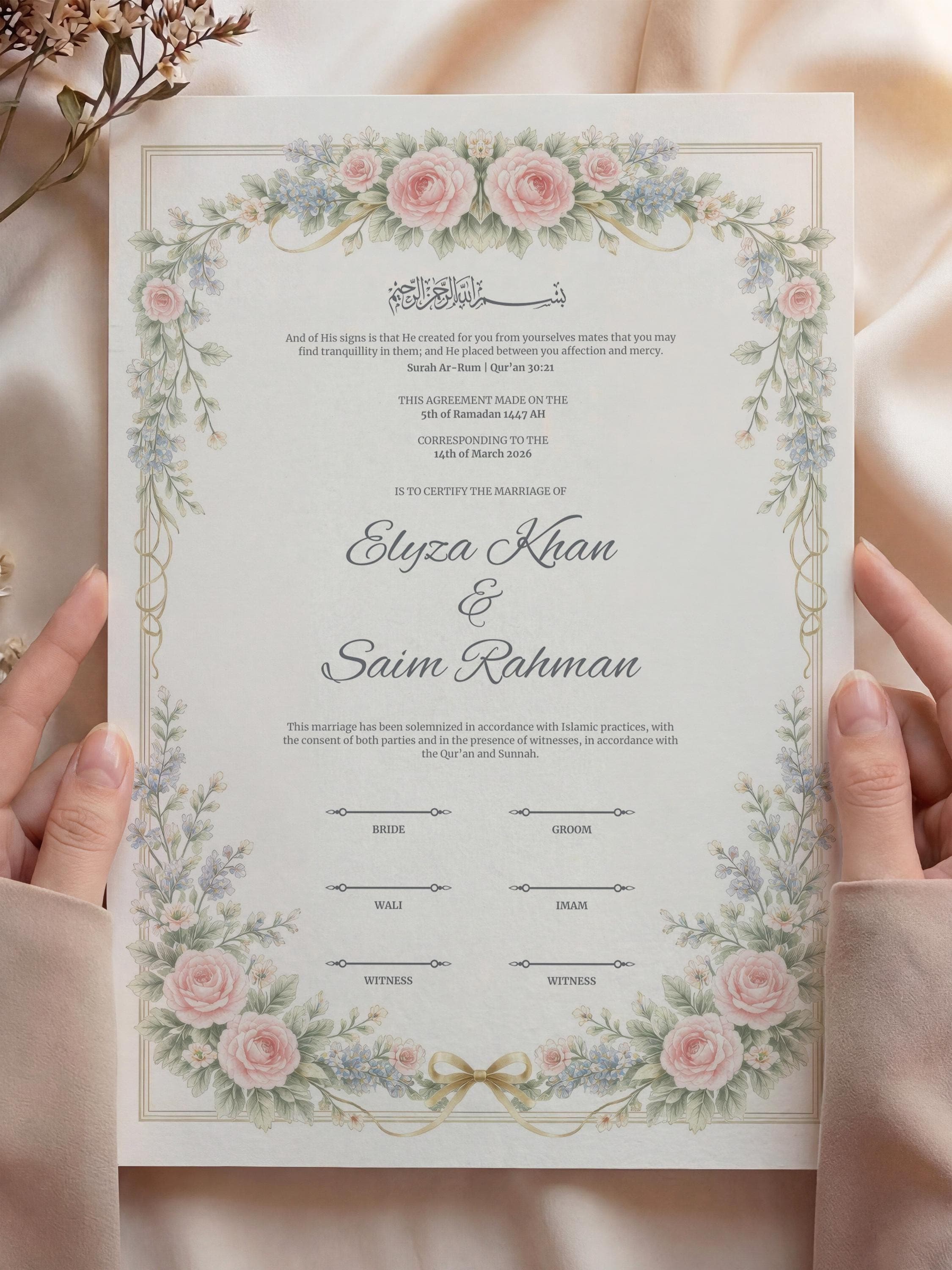 Floral Islamic Nikah Certificate: Soft Pastel Rose Muslim Wedding ContractTemplate, Personalized Marriage Contract - image 4
