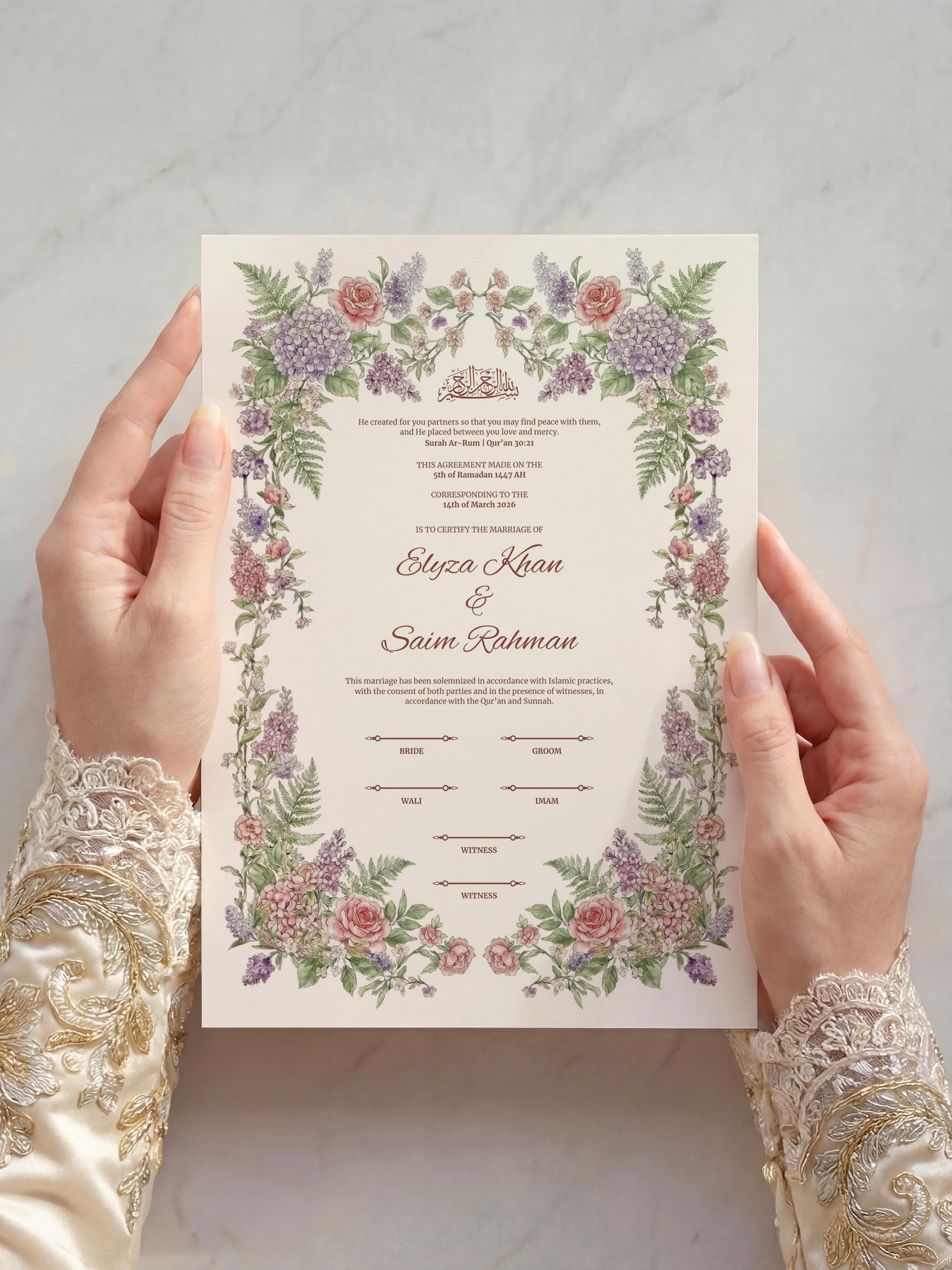 Pastel Floral Islamic Nikkah Certificate: Editable Muslim Wedding Contract (A3 & A4 Canva Template) - image 5