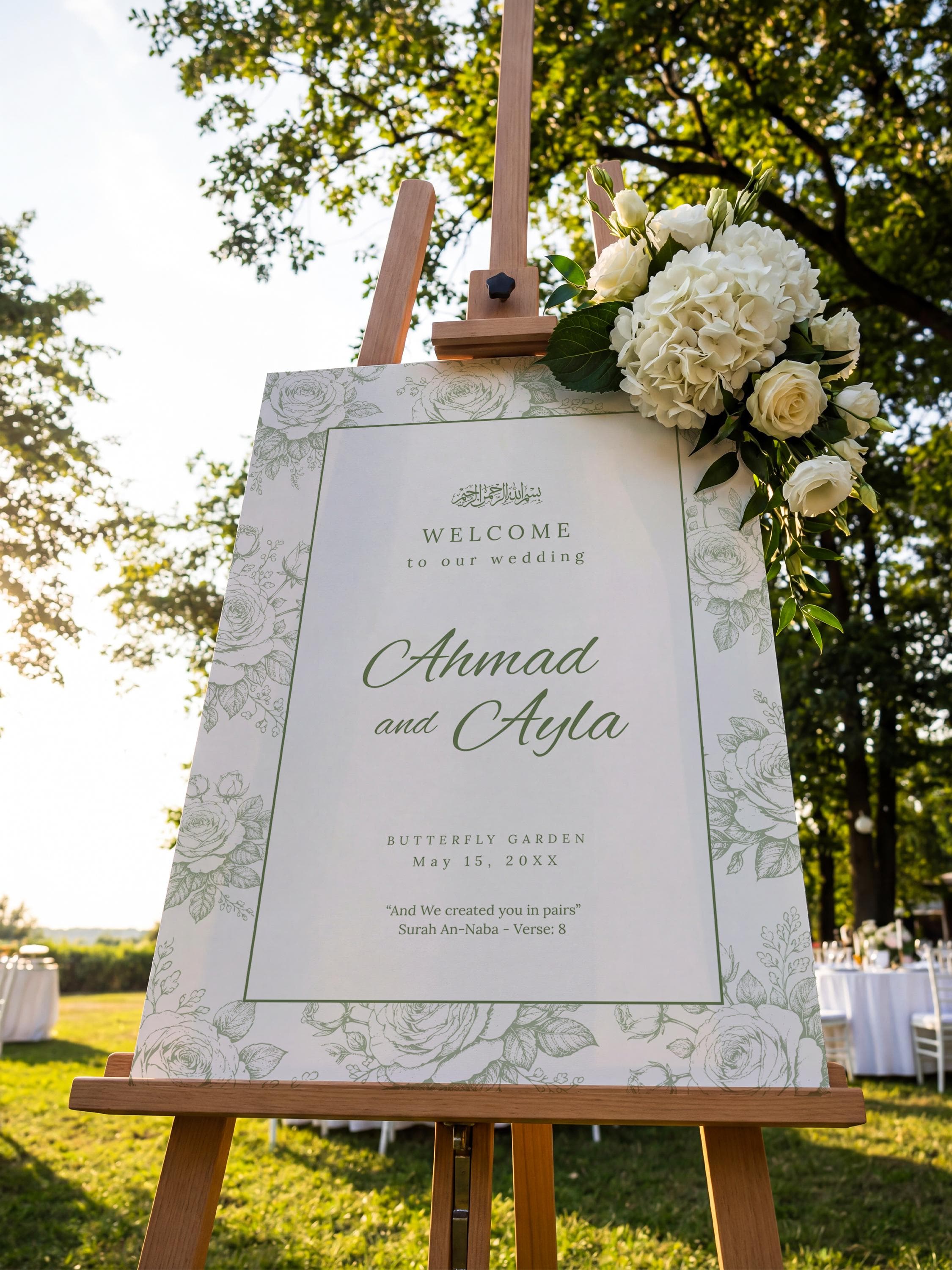 Islamic Wedding Welcome Sign Template: Sage Green Floral Nikkah Reception Poster, Garden Ceremony Decor - image 4